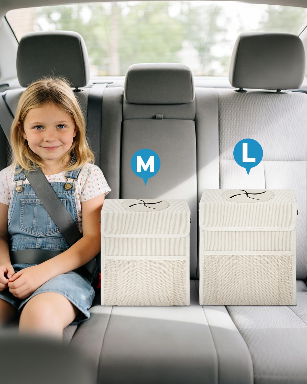 Corduroy Car Trash Can with Lid and Mesh Pockets - Leakproof Organizer,Multipurpose Waterproof Garbage Can/Trash Bin for Car(Off-White-3 Gallons)