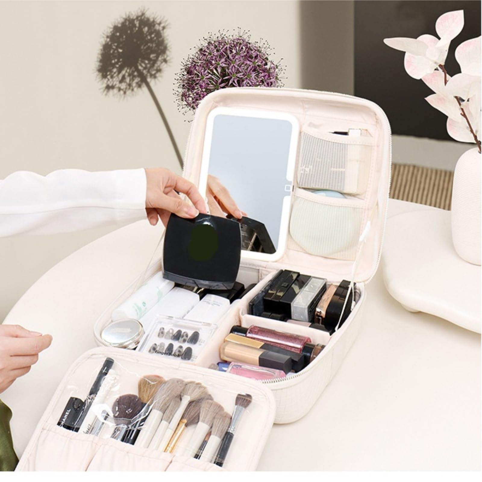 Porta Trucchi da Viaggio Borsa cosmetica illuminata, grande capacità, scatola cosmetica spessa con specchio luminoso Travel Makeup Bag with Led Mirror