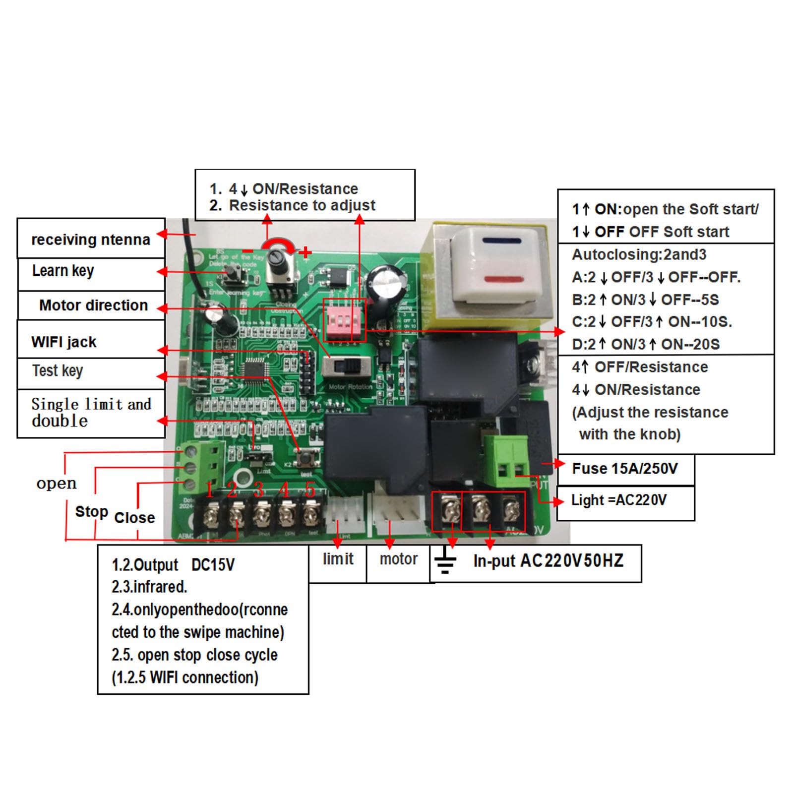 Carte de Commande D'ouvre-Porte Coulissante, Kit de Circuit imprimé de Contrôleur de Porte électrique à Code Roulant 433,92 MHz avec 2 Télécommandes pour une Utilisation en Usine (220V)