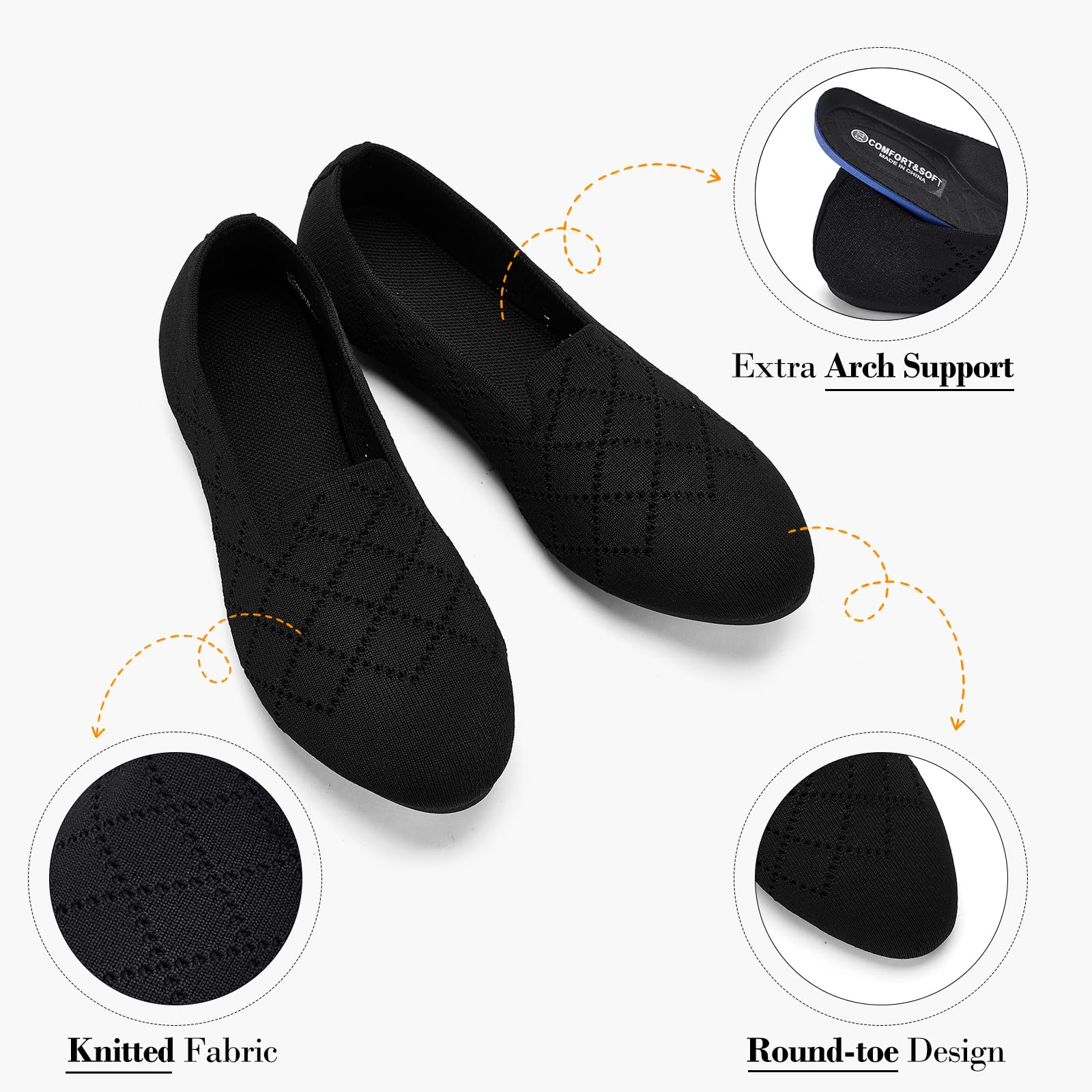 Puxowe Ballerines Femme Confortables - Chaussures Élégantes Slip-on en Tricot Ballerina Plate pour Femme 40 EU Noir