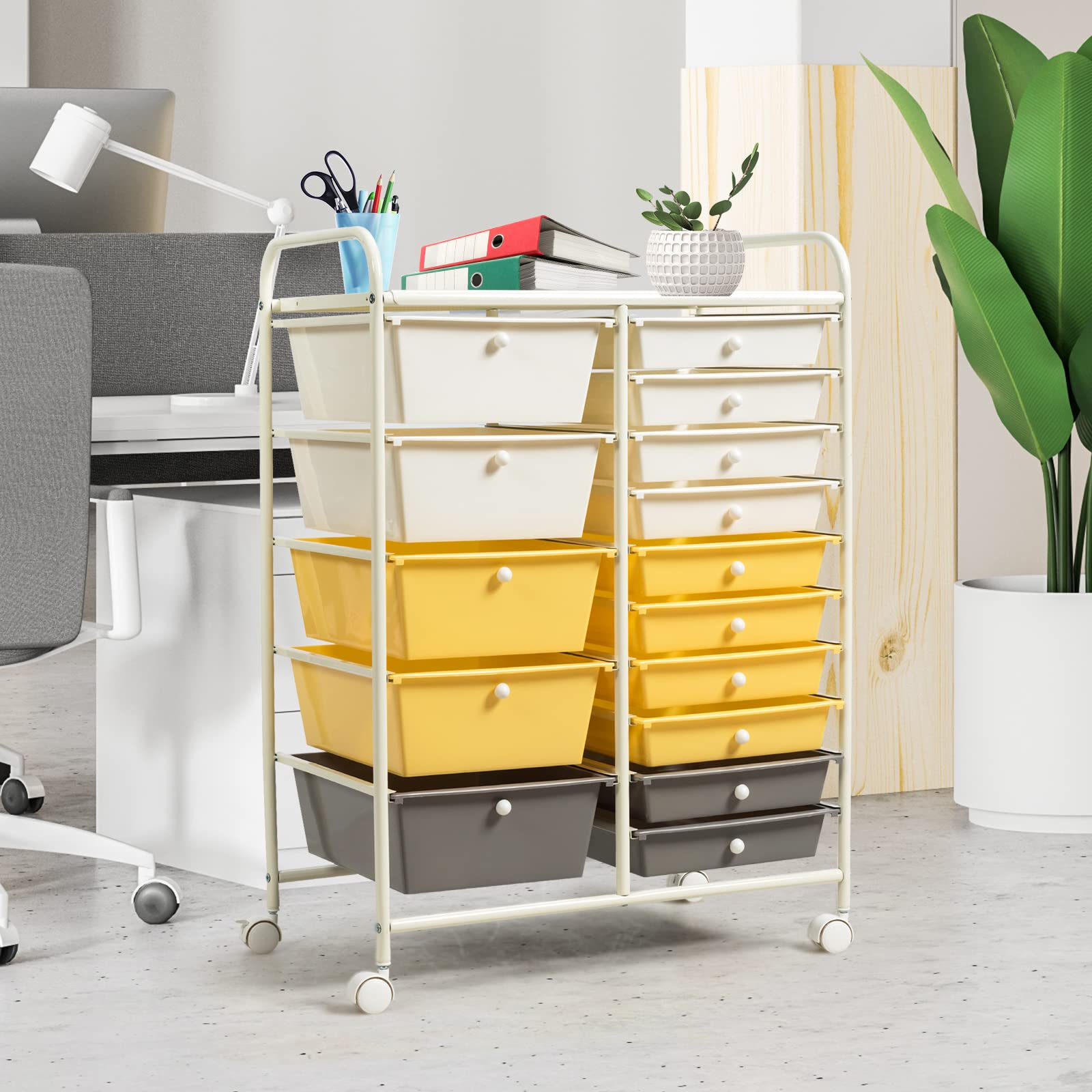 GOPLUS Chariot de Rangement 15 Tiroirs, Tiroir Détachable, Tour de Rangement à 4 Roulettes, 2 avec Frein, pour Chambre, Bureau, 63 x 37 x 87 CM, Jaune