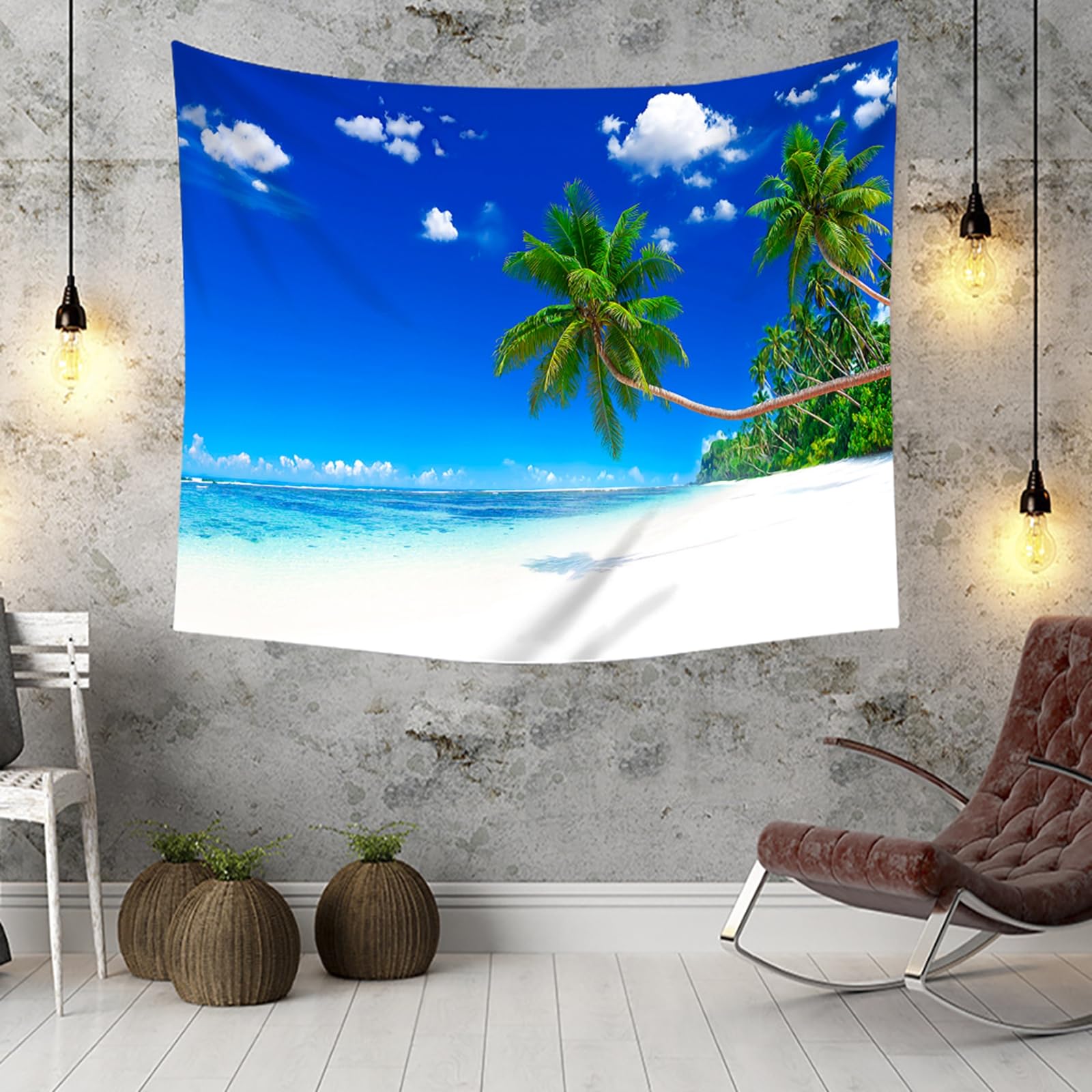 RDSGYZ Wandbehang Stoff Groß 350x256CM, Wandteppich Wandtuch Outdoor Blauer Himmel Strand Kokospalmen Wandvorhang Wanddeko für Schlafzimmer Kinderzimmer