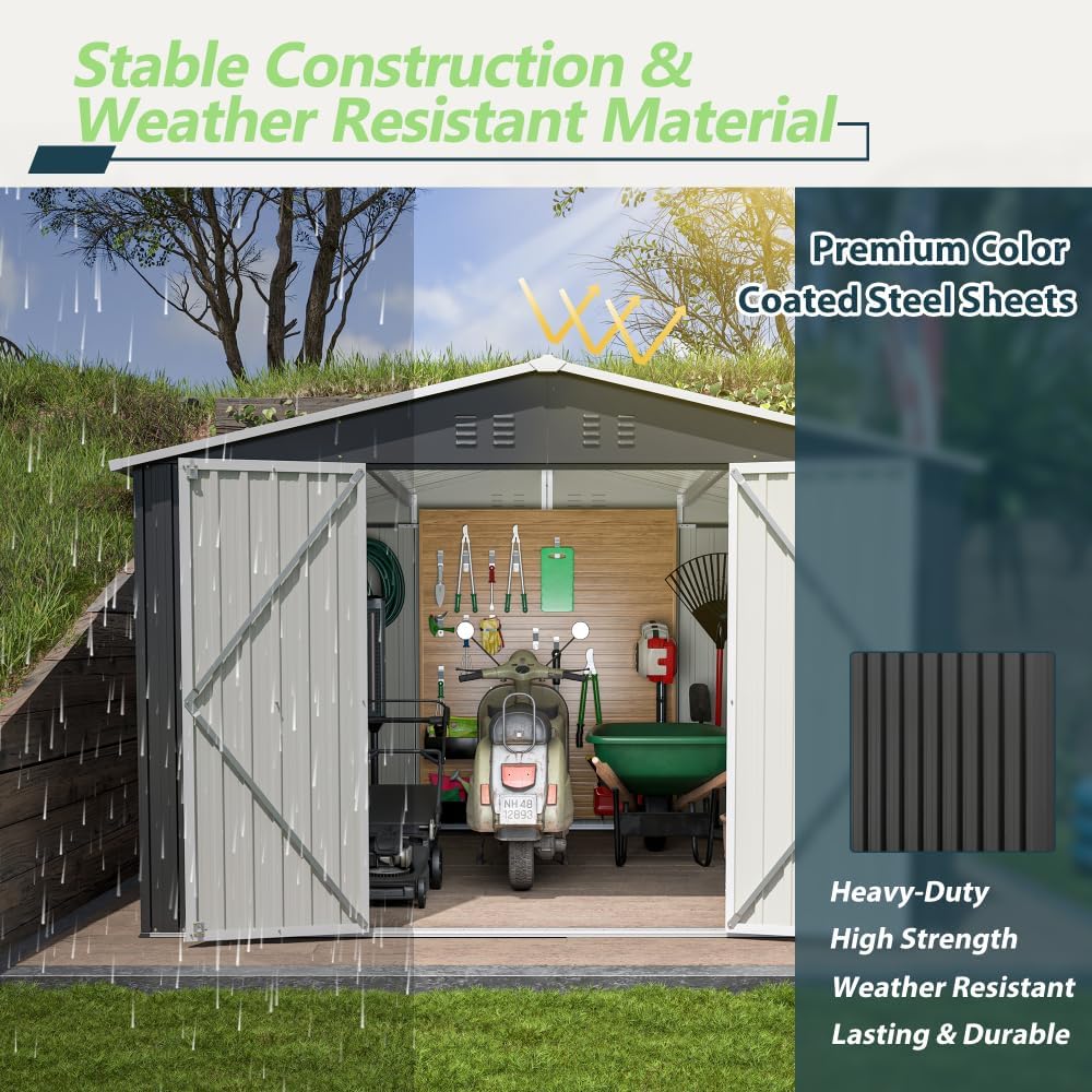 10x10 FT Outdoor Storage Shed, Utility Metal Tool Shed with Lockable Sliding Doors, Galvanized Steel Garden Shed for Backyard, Patio, Lawn - Updated Heavy-Duty Frame, Black