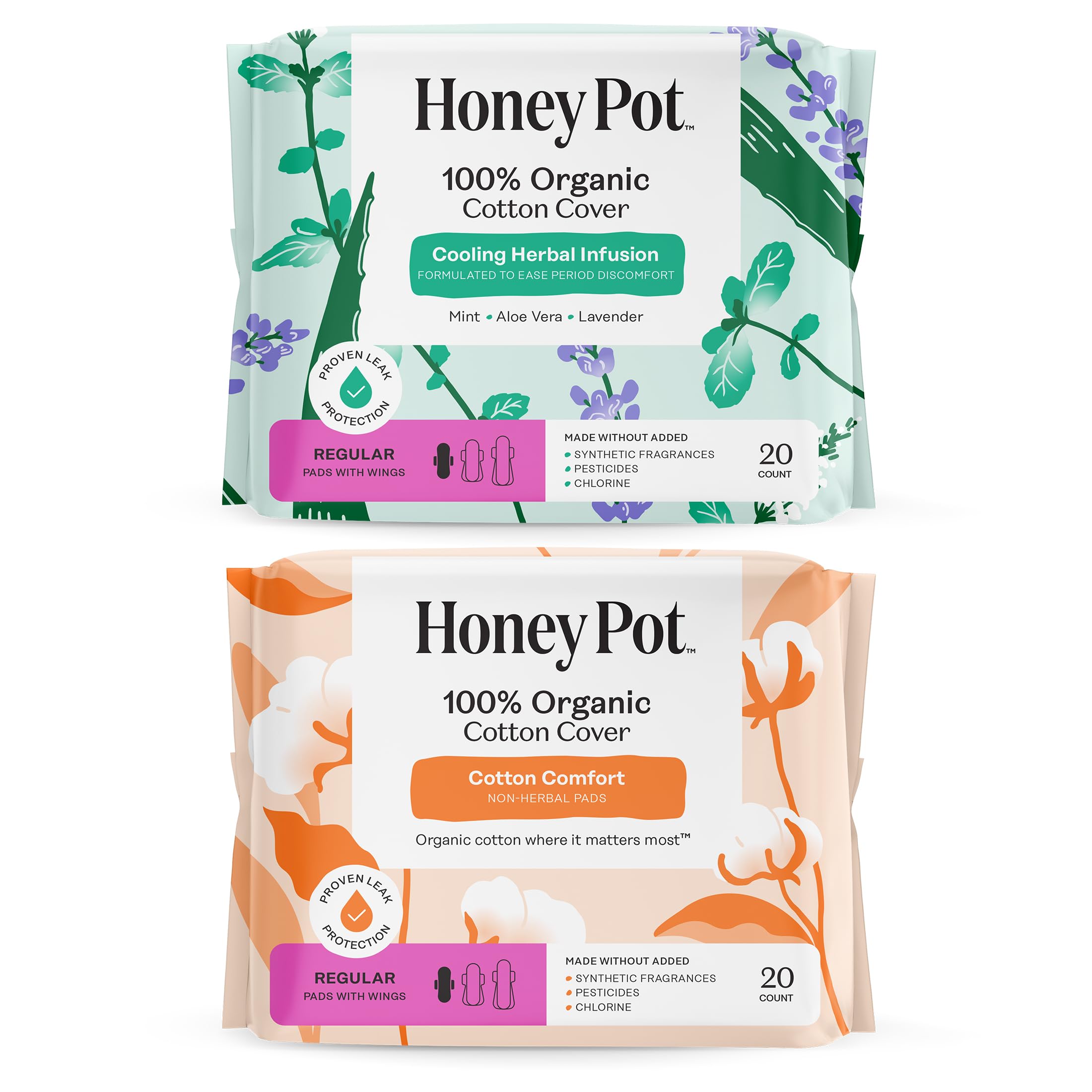 The Honey Pot Company - Pads for Women - Herbal Non-Herbal Regular Pads Bundle - Organic Cotton Cover