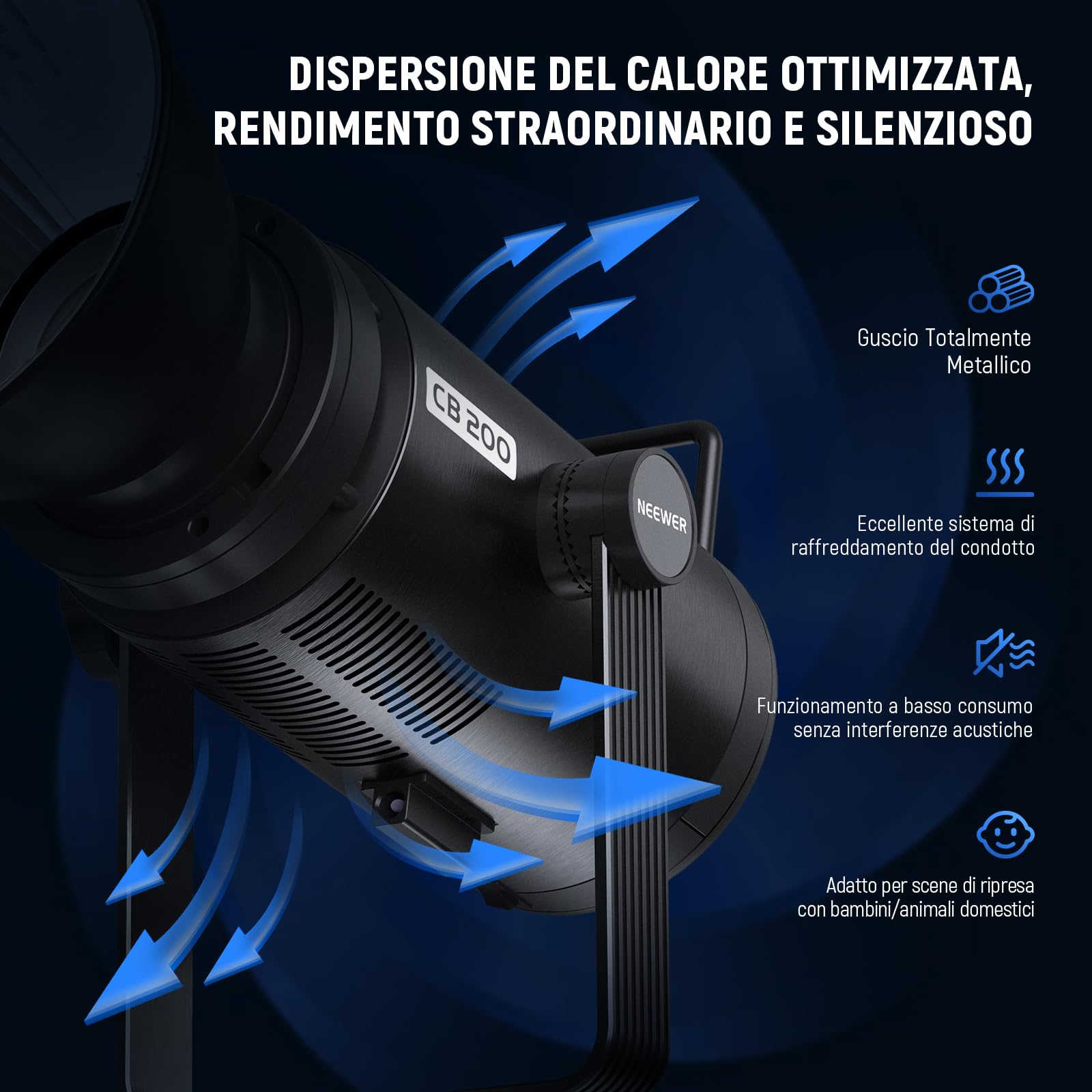 NEEWER CB200 210W Luce Video a LED con Controllo 2,4G/App, Illuminazione Continua COB a Luce Diurna da 5600K per Fotografia con 98500lux/m, CRI97+/TLCI97+, 9 Scene, Dimmerazione PWM, Attacco Bowens