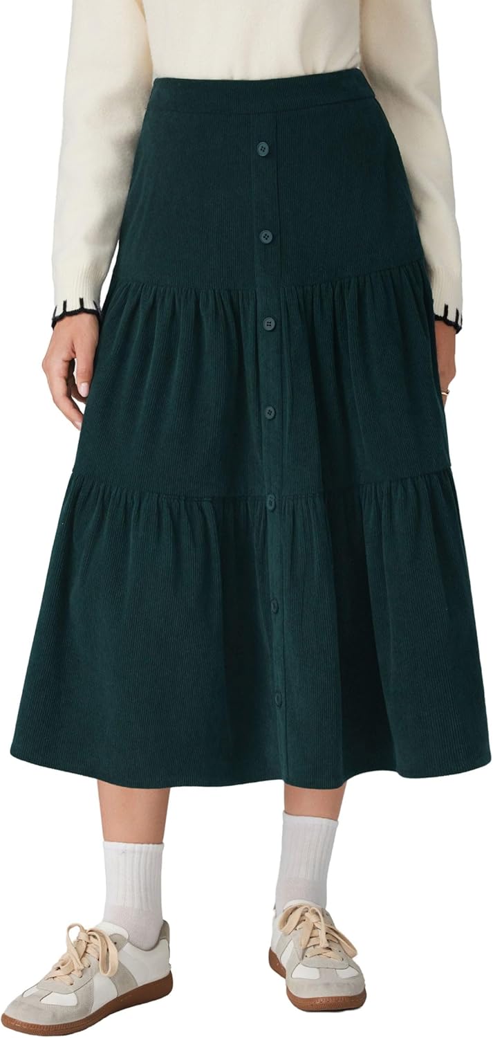 CIDER Corduroy Maxi Skirt with Buttons - Women Fall Tiered Long A-Line Midi Pocketed Casual