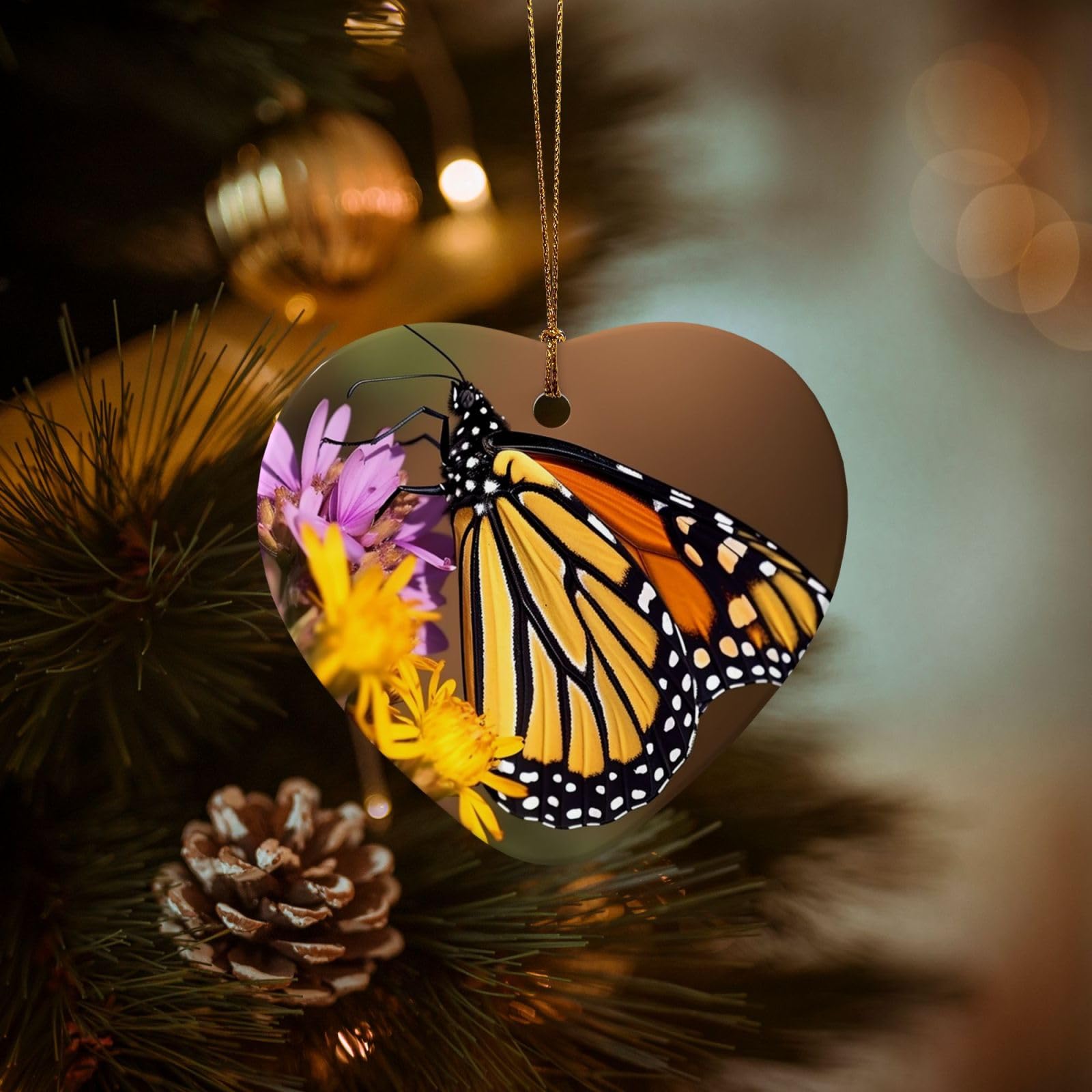 Christmas Ornaments for Christmas Tree Decoration Hanging Monarch Butterfly Ornament with Gold Ribbon Crafts Heart Shape Ceramic Pendant for Keepsake Gifts Xmas Decor Party Supplies