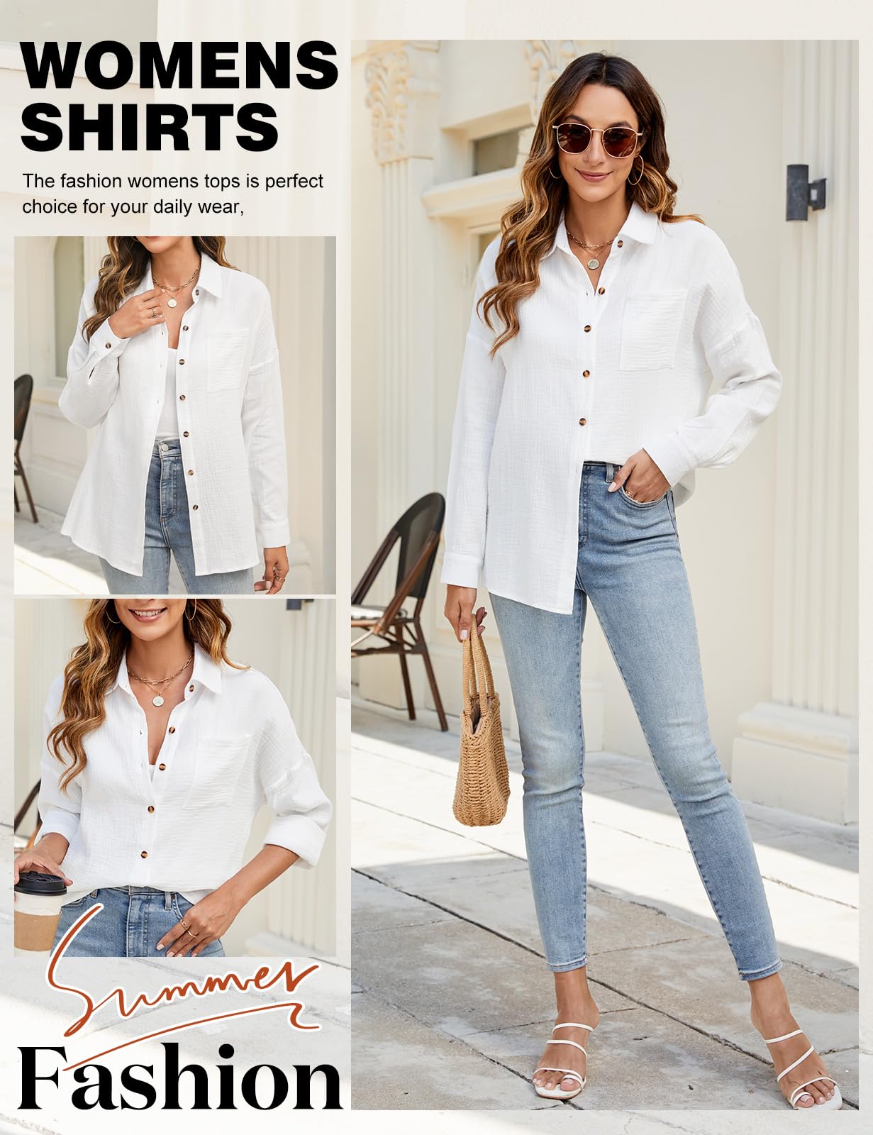 Lonya Camicia Donna Elegante Camicetta Bianca con Scollo a V 100% Cotone Blusa Maniche Lunghe Casual con Bottoni, vestibilità Ampia, Top con Tasca