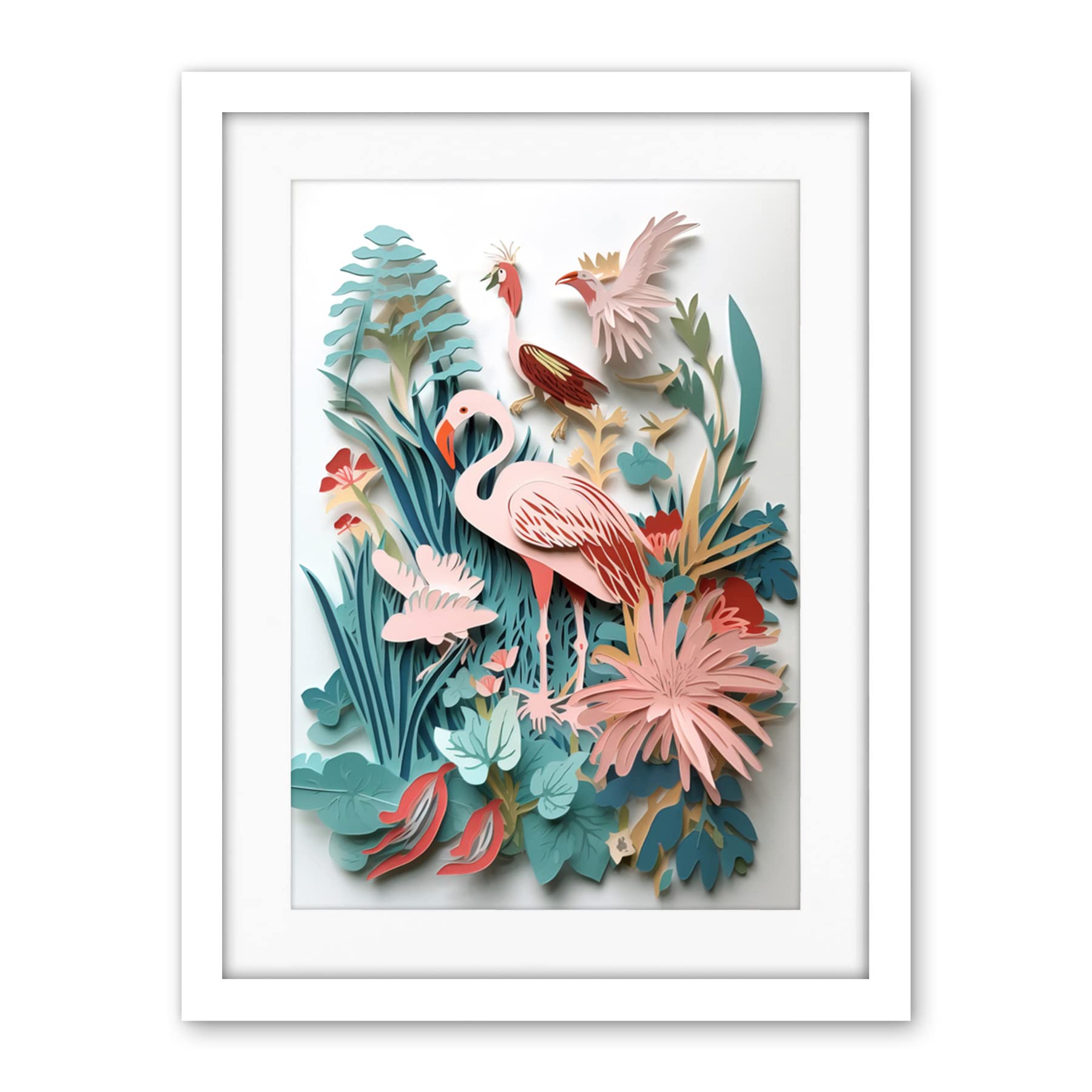 Artery8 Tropical Plants And Birds Multi-Dimensional Paper Kirigami Art Print Artwork Framed Wall Art Print 18X24 Inch