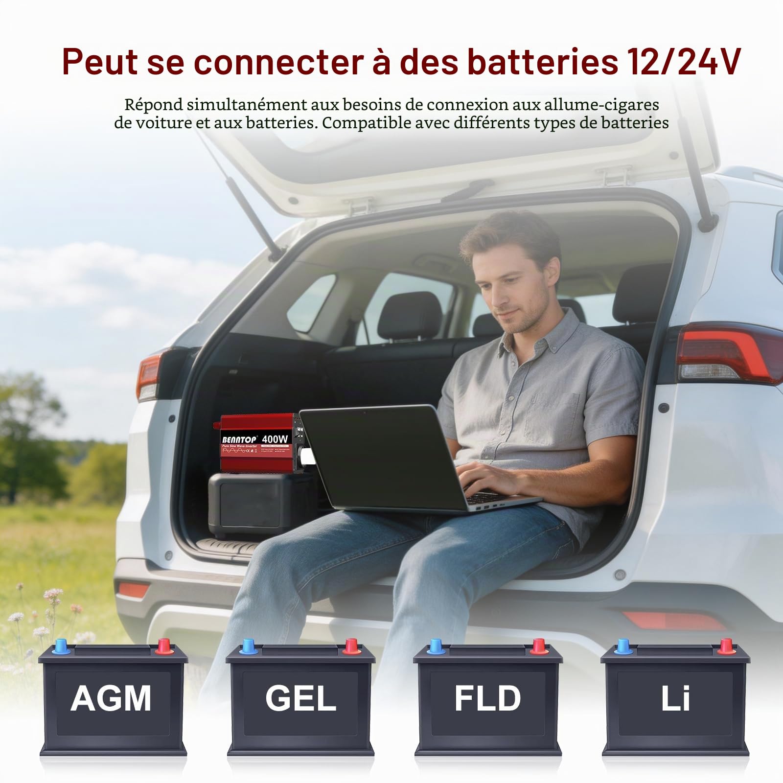 400W Convertisseur 12V/24V 230V Pur Sinus Camion Onduleur de Tension 5 in 1 Transformateur avec 4 USB Port Type - A/C, Allume-Cigare & 1 Prise EU pour Caravane, Bateau, Camping, Voyage