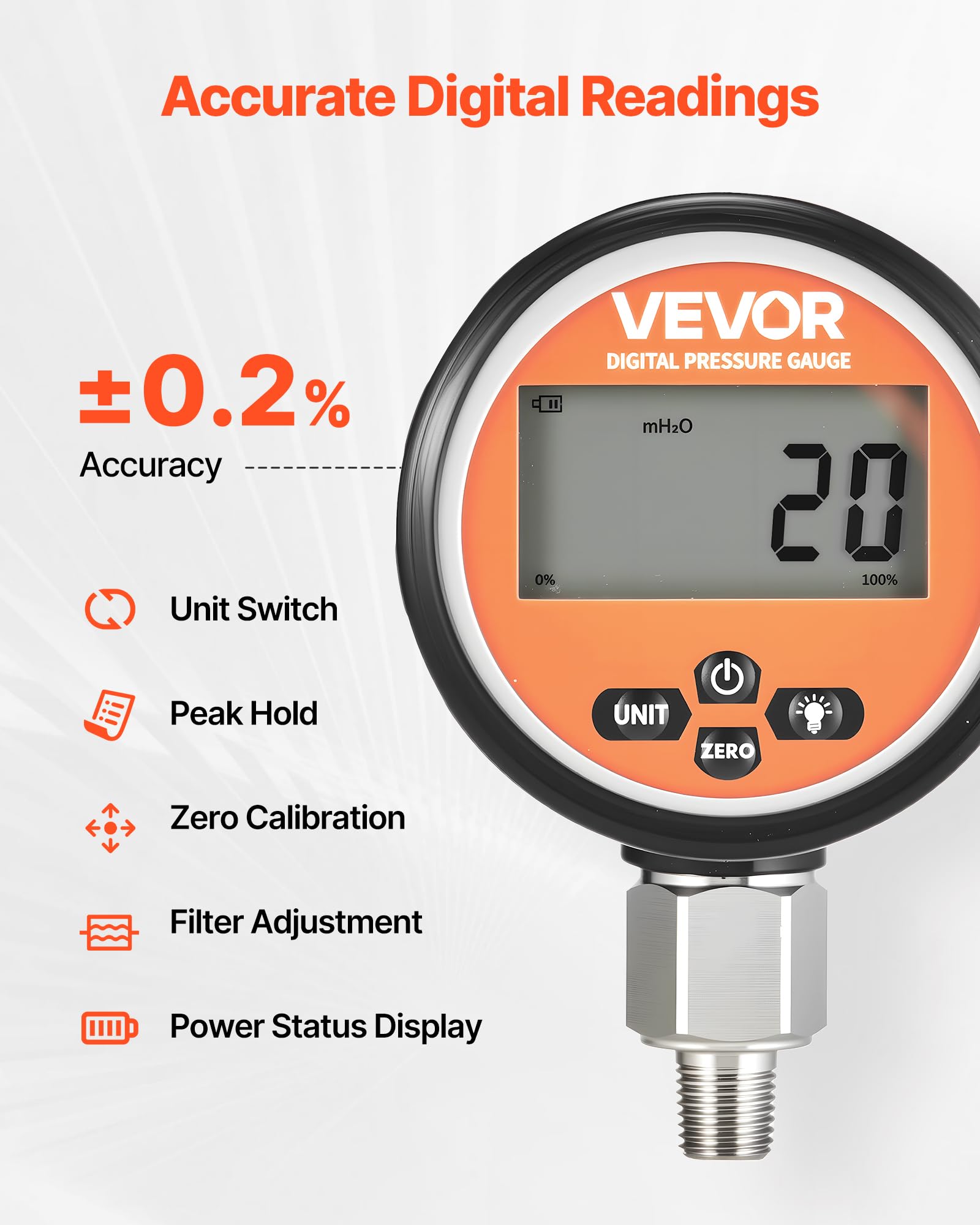 VEVOR digitales Hydraulikdruckmessgerät, 0–700 Bar Hydraulikdrucksensor, Manometertester mit 1/4 Zoll NPT-Basiseingang für Baggerbaumaschinen, Hydraulikprüfmanometer Edelstahlgehäuse