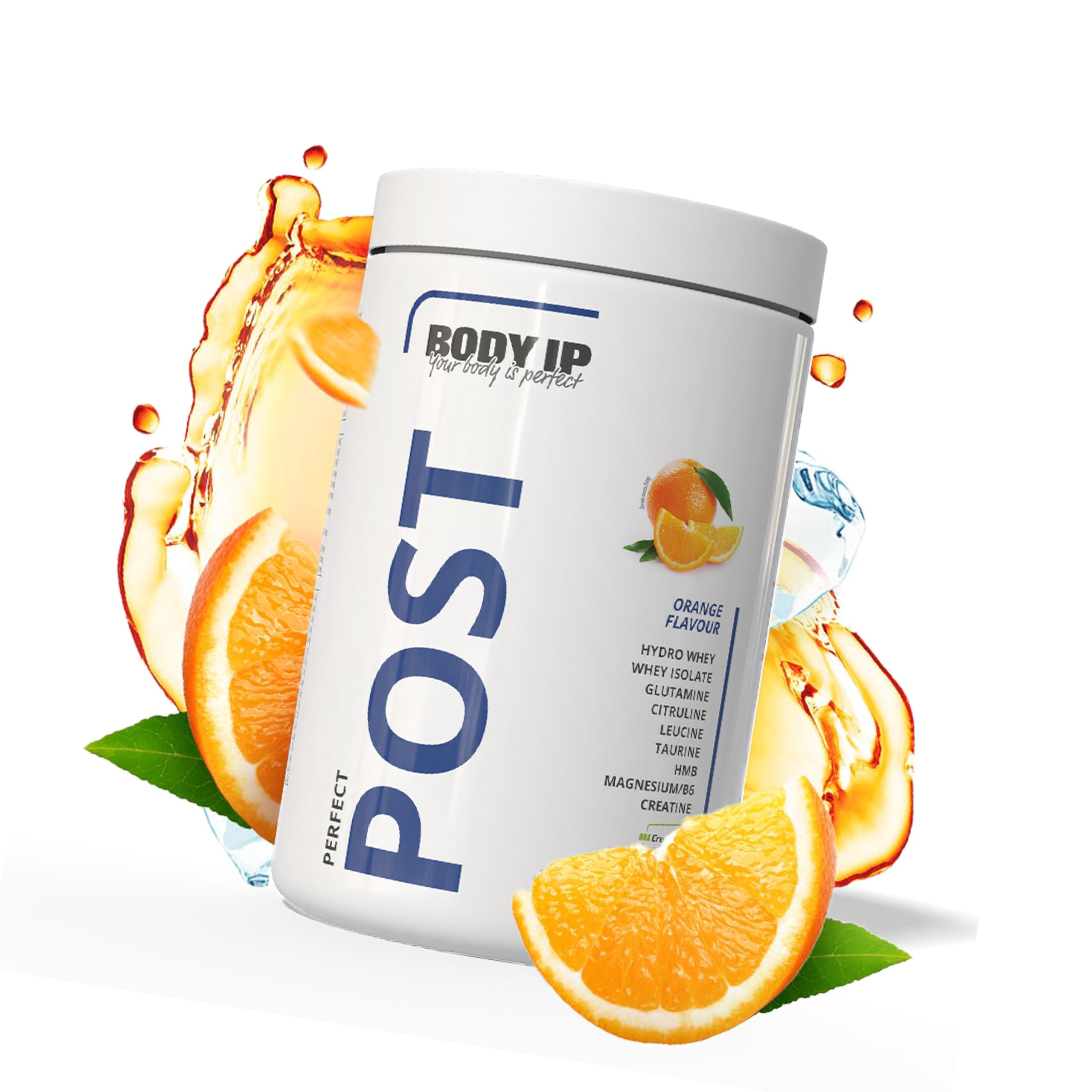 BODY IP Perfect Post 2.0 | Orange | Post Workout Shake 580g | Enthält EAAs, Glutamin, Leucine, Citrullin, Taurin, HMB, Magnesium & Vitamin B6 und 3,4g Creatine Monohydrat pro Portion