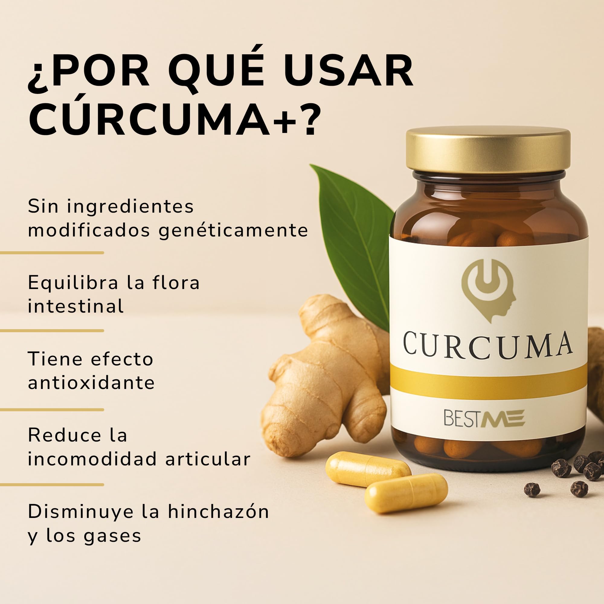 BESTME - Cúrcuma Curcumina con Pimienta Negra y Piperina X8 Absorción Cursol (Alta Potencia) Apoyo Antioxidante y Digestivo, 60 Cápsulas Naturales y sin Aditivos