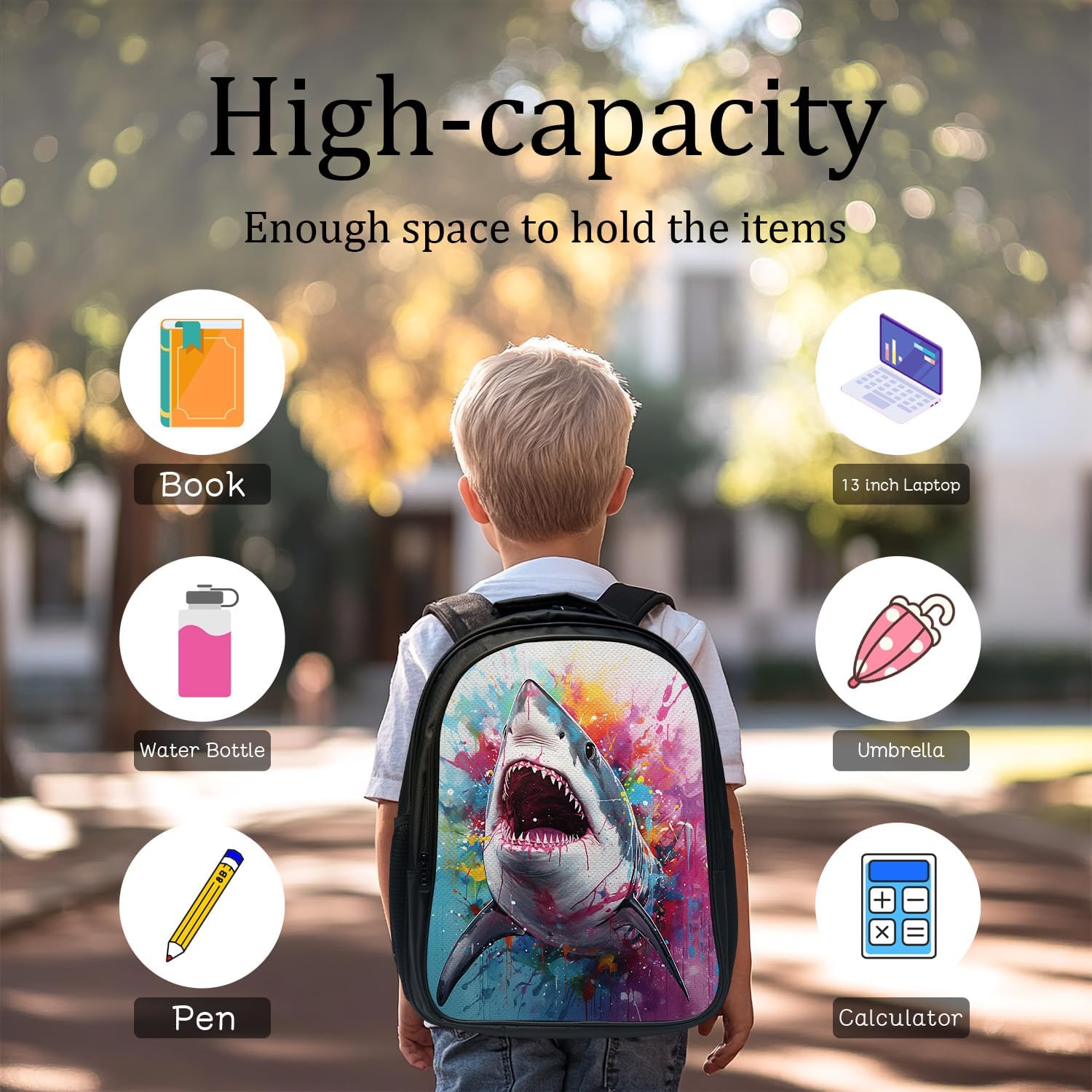 Shark School Backpack for Teens Kids Kindergarten Elementary Middle School Ocean 3-Pcs Bookbag, Shark Back Pack for Boys Girls Children Animal Book Bag, Small Modern Bag