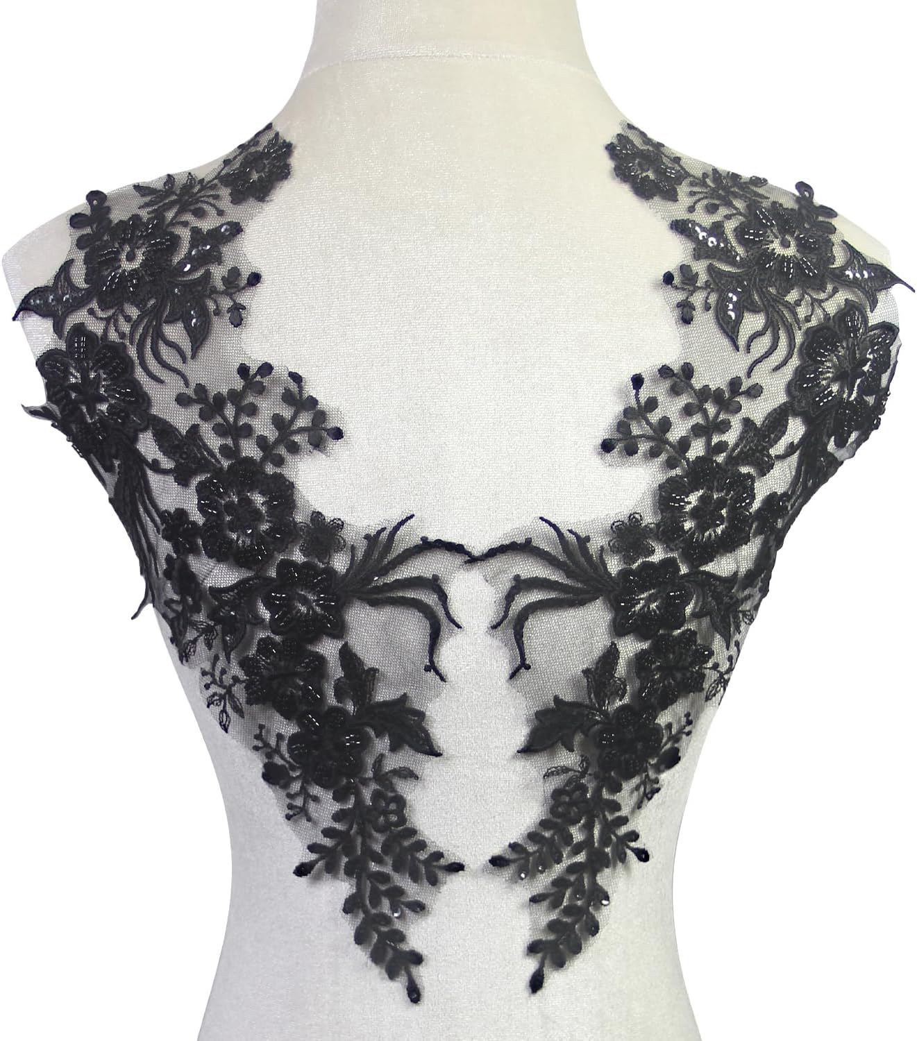 Black Floral Lace Appliques with Sequins Beads - Embroidered Gothic Lace Trim & Sew-On Applique Patches for Wedding Dresses,Corsets,Costumes(1 Pair/Black)