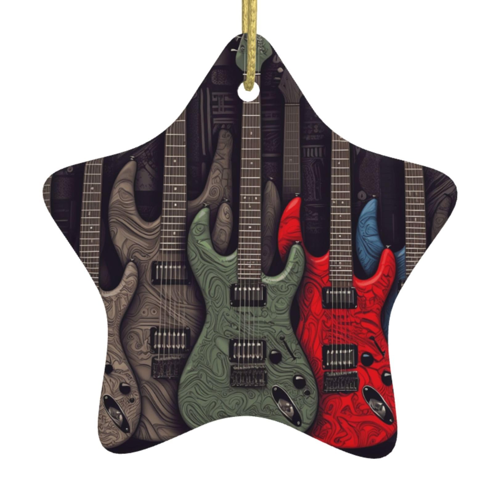 Ceramic Christmas Tree Hanging Ornaments with Gold Ropes Christmas Tree Decorations Star Ceramic Guitar Pattern Pendant Keepsake Decorations for Holiday Xmas Gift Ideas