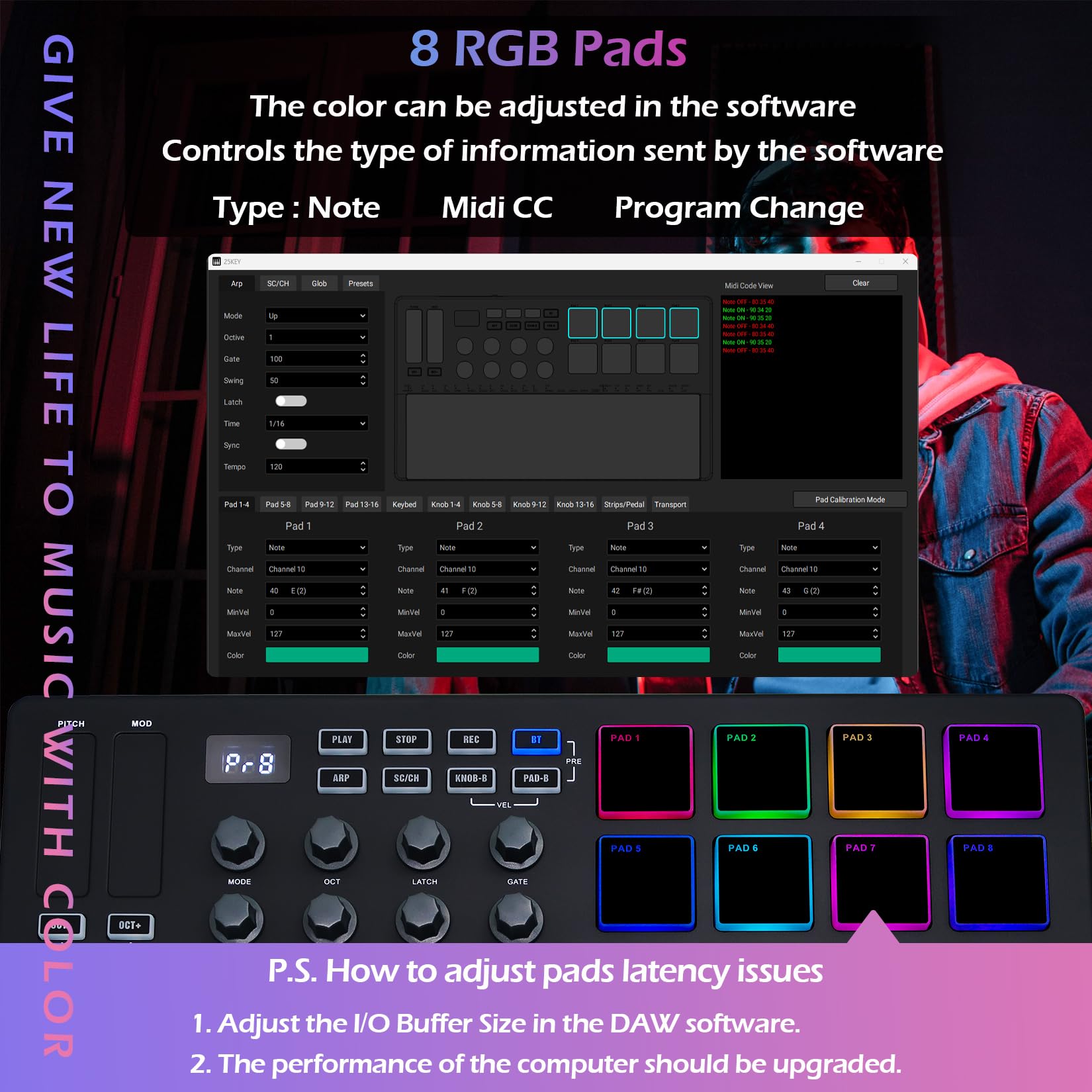 M-VAVE 25 tasti 8 retroilluminati Drum Pads Tastiera MIDI - Beat Maker professionale e Keytar per la produzione musicale Tastiera Batteria integrata Connessione wireless, Nero, MIDI 8 PADS