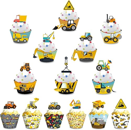 Juego de 28 piezas de decoración para cupcakes y envoltorios para niños, camión excavador, carretilla elevadora, tractor, excavadora de automóvil,