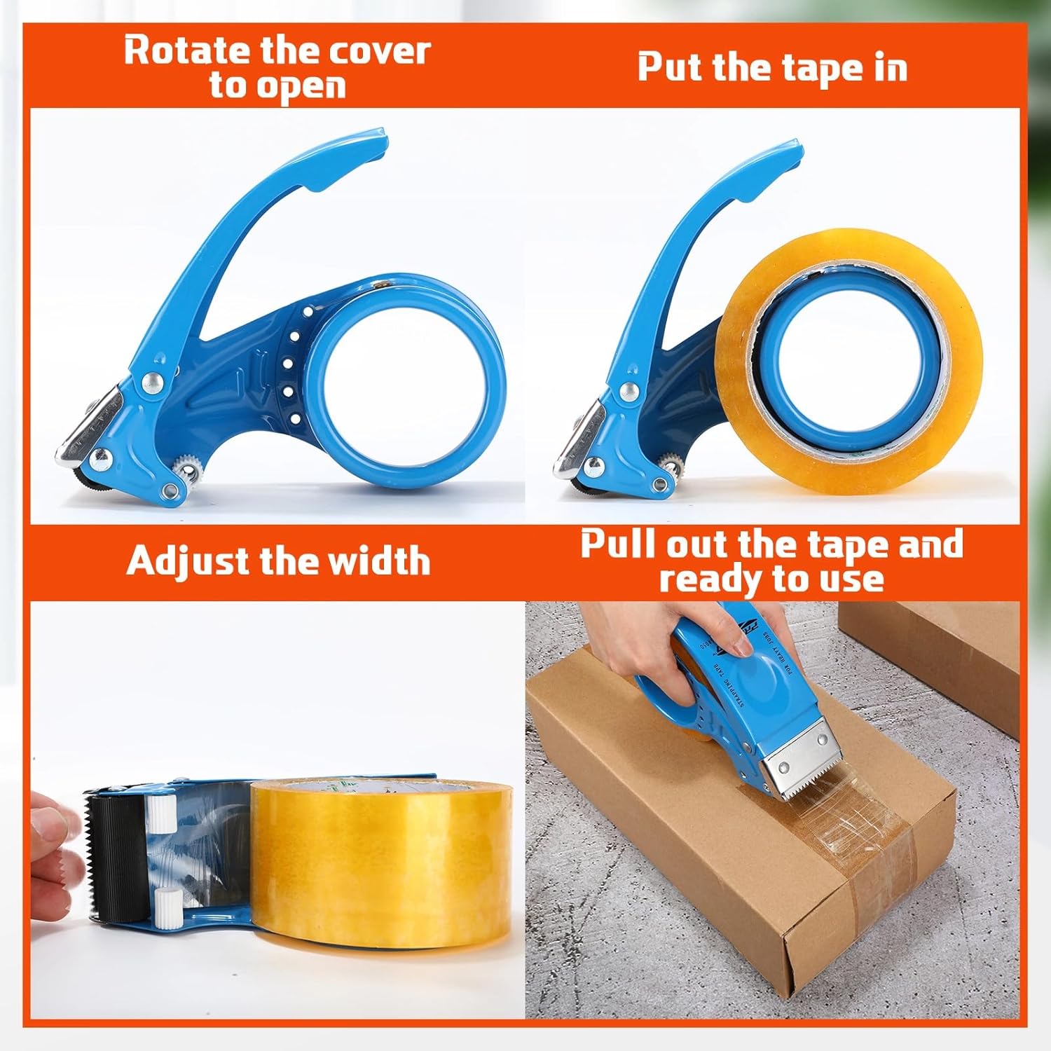 Watersay 6 Pcs 2 Inch Packing Tape Dispenser Gun Heavy Duty Metal Tape Gun for Packing Boxes Wide Tape Gun for Handheld Sealing Cutter Warehouse Tools, White, Orange, Blue