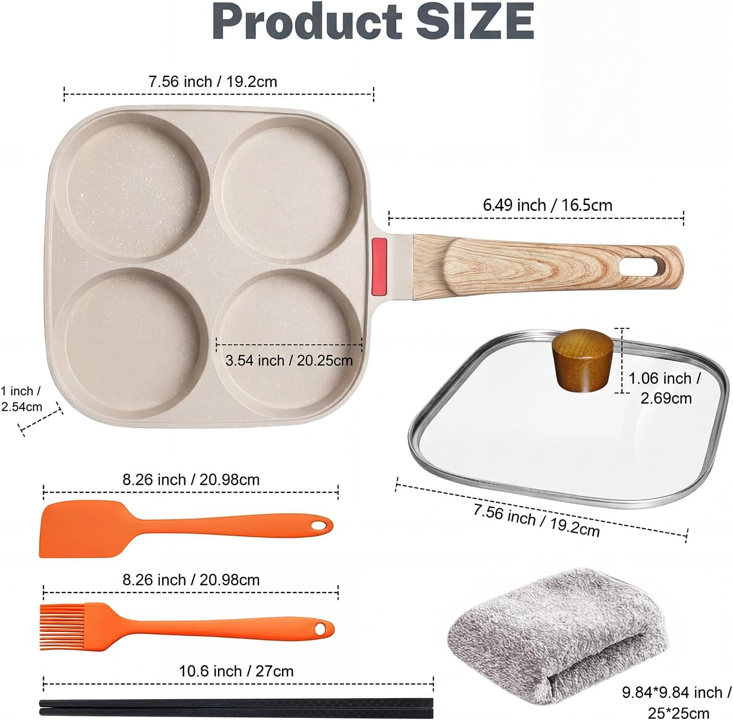 4‑Cup Nonstick Egg Pan Set with Lid – Aluminum Omelette Skillet for Breakfast, Includes Silicone Scraper, Oil Brush, Chopsticks & Cleaning Cloth – Compatible with Gas & Induction Cooktops (White)