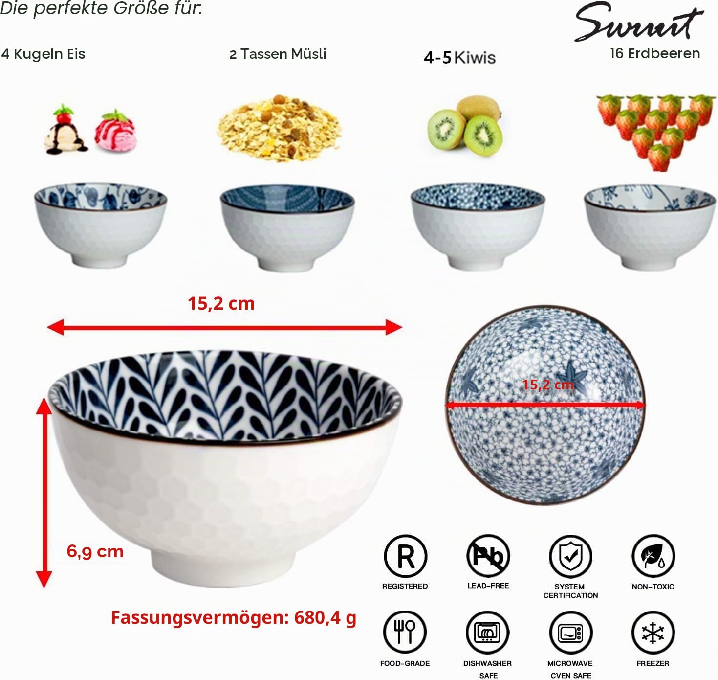 Keramik Müslischalen 6er Set im japanischen Stil,Blau und Weiß Schalen,15 cm Salatschalen Set,China Suppenschüsseln (15 cm)