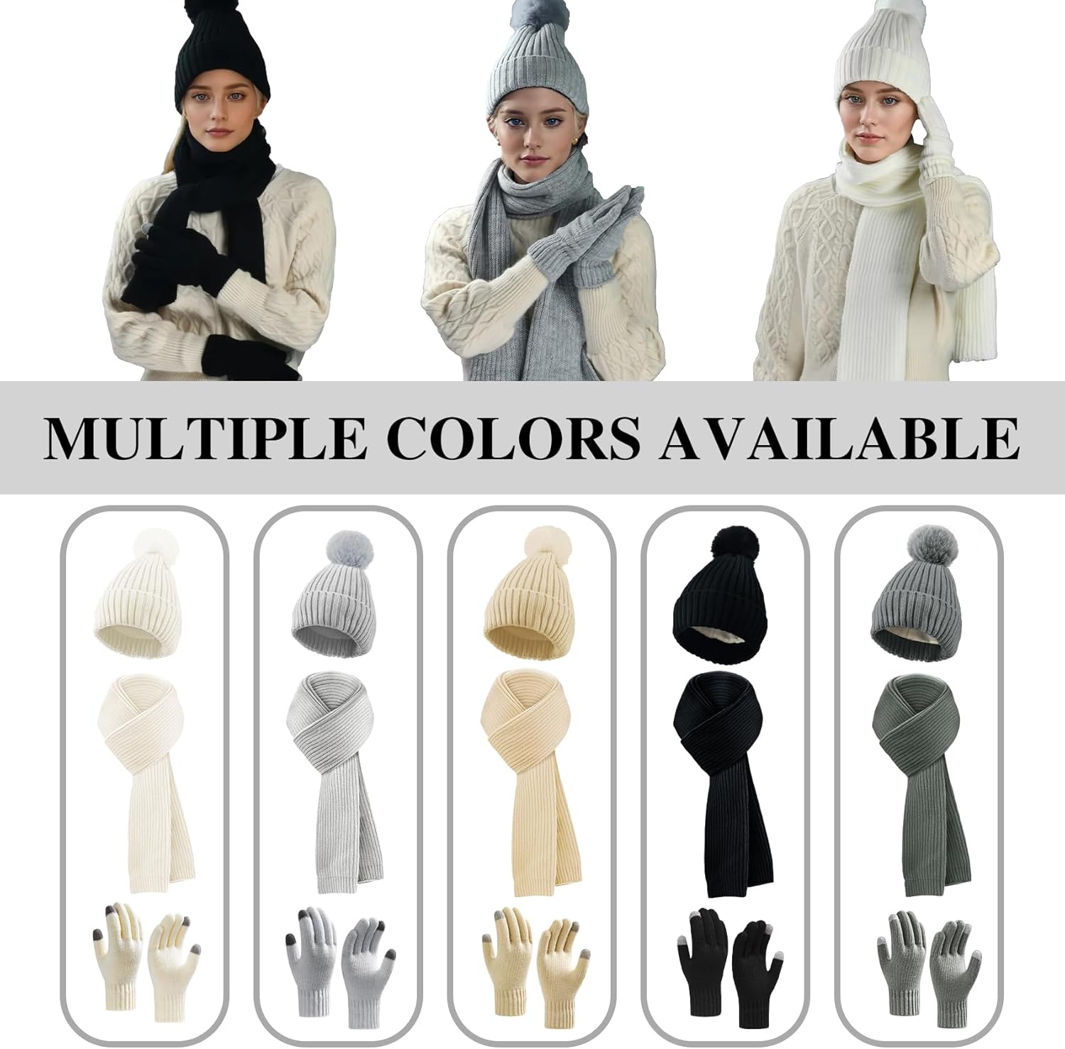 Winter Beanie Hat Scarf Gloves Set for Women, Fleece Knit Pompom Beanie Neck Warmer Long Scarf Touchscreen Gloves 3 in 1 Set - Image 7