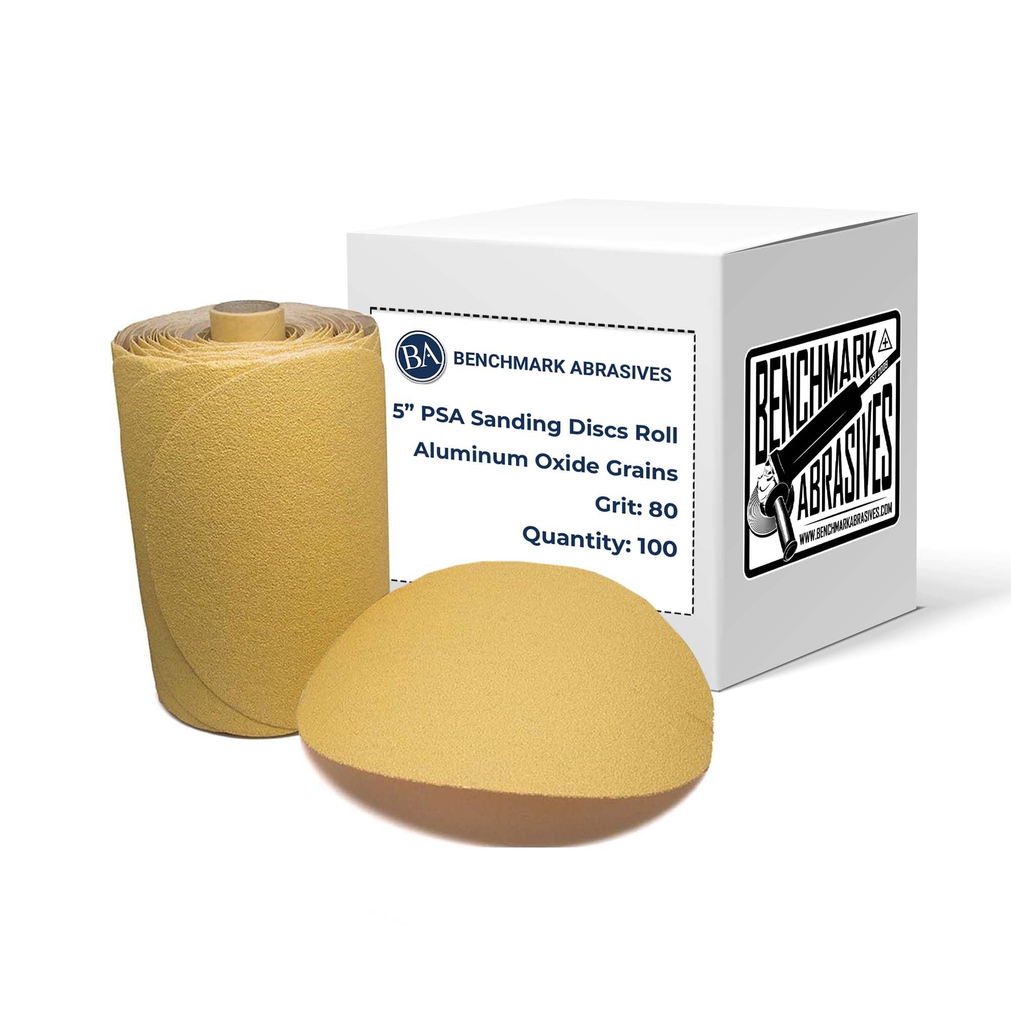 - Benchmark Abrasives PSA Gold 5 Inch Self Adhesive Sanding Discs w/Aluminum Oxide Grains DA Sandpaper - 5 Inch Sanding Discs Roll - Surface Blending, Automotive, Orbital Sanders (100 Discs), 80 Grit