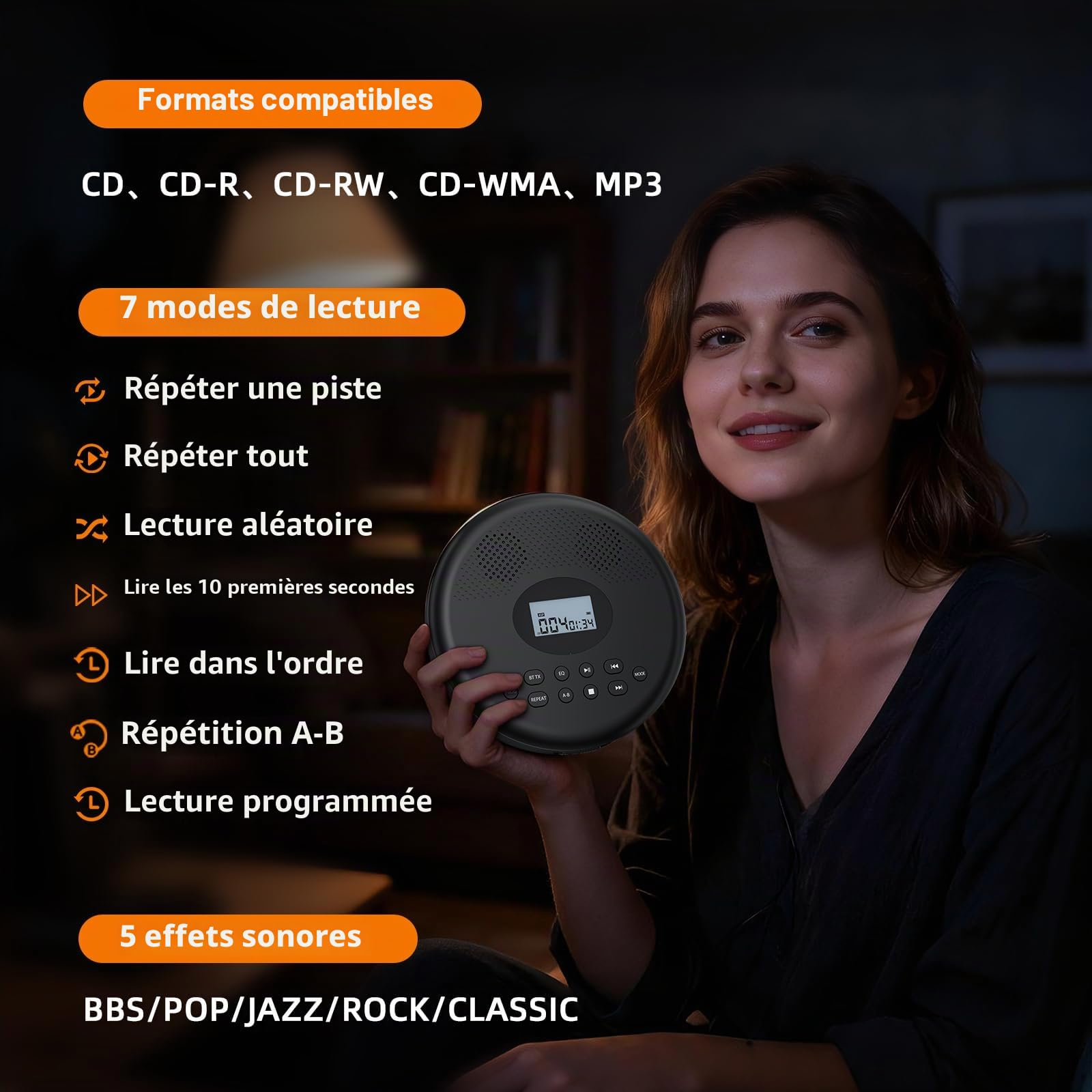 Lecteur CD Portable Arafuna Bluetooth Rechargeable, Haut-parleurs, Antichoc, écran LCD. 7 Modes de Lecture, 5 égaliseurs, Compatible TF/AUX. Compact, idéal Maison, Voiture et Voyages.