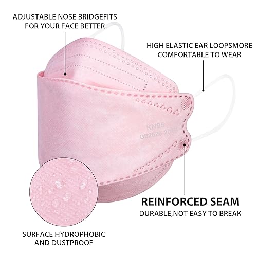 Miniatura 3 de Mascarillas KN95 para adultos, paquete de 50 unidades, envueltas individualmente, cubrebocas desechables de 5 capas de color rosa contra el humo y