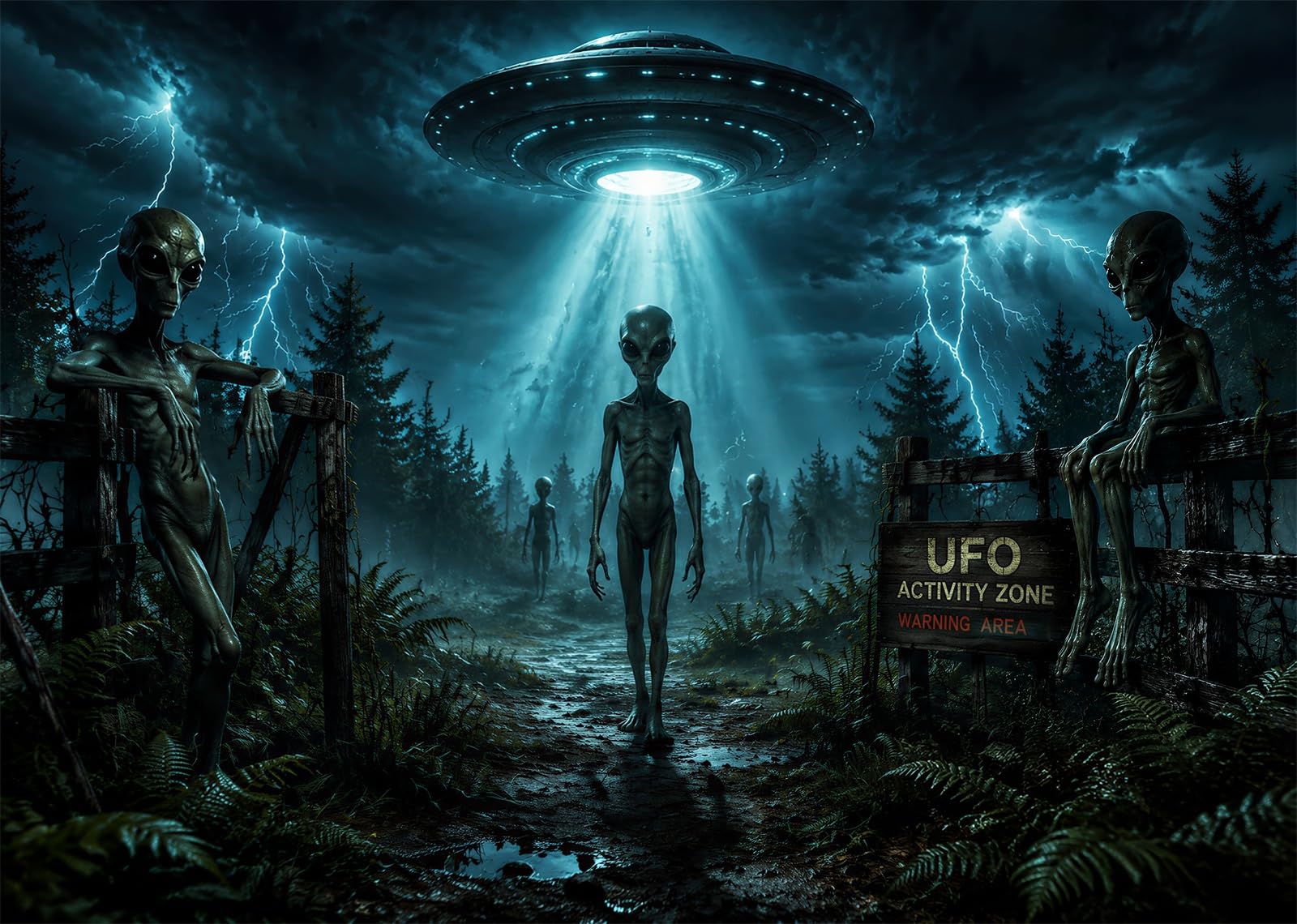 10x6.5FT Stoff UFO Wald Alien Lichtstrahl Hintergrund