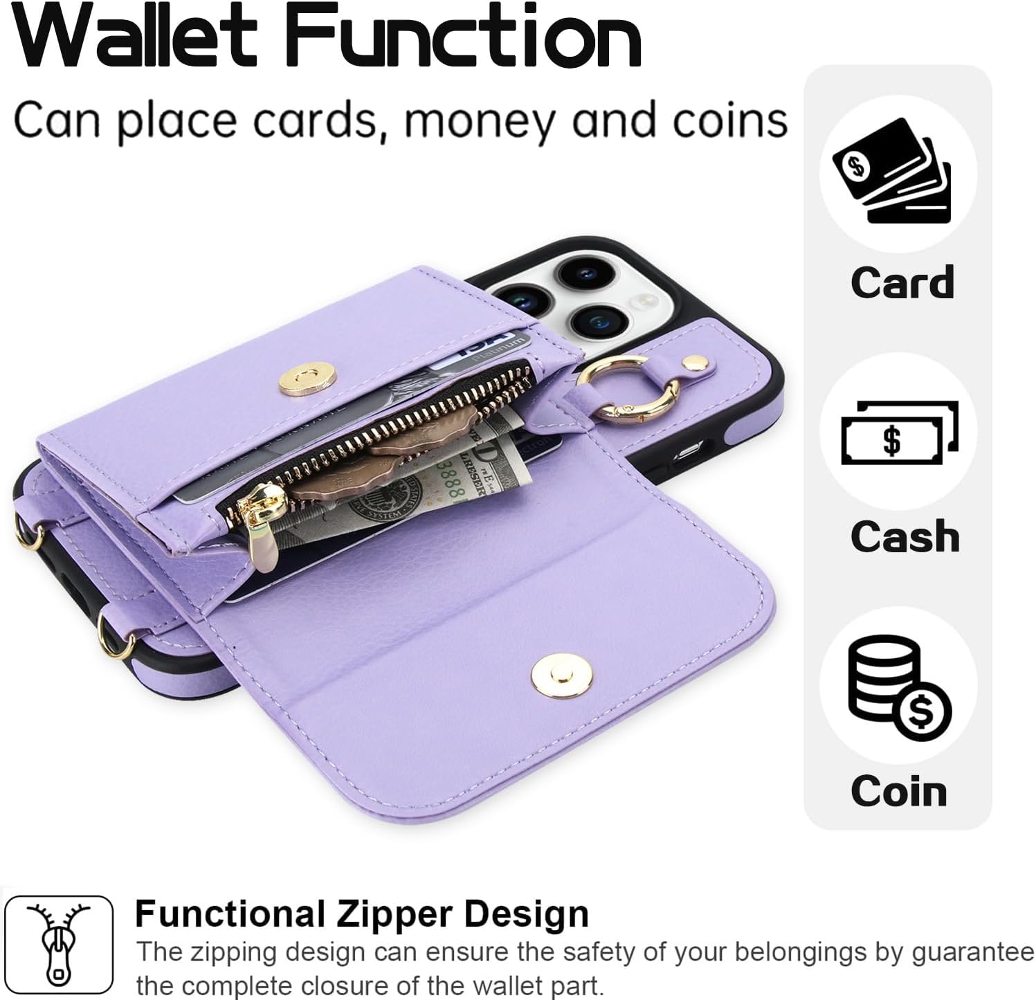 Phone Case for iPhone 15 Pro Max Wallet Magnetic Detachable Cover Screen Protector Compatible with MagSafe Crossbody Lanyard Strap RFID Blocking Flip i Phone15 ProMax 15ProMax Women Men Purple