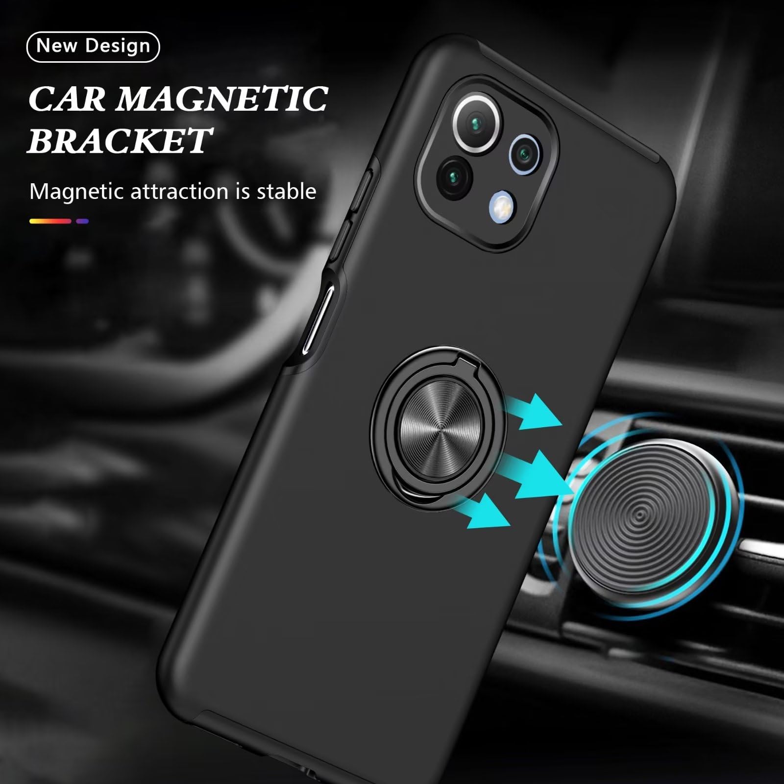 Kaywzo Cover per Xiaomi Mi 11 Lite 4G/5G,Outdoors Custodia con Magnetico Invisibile Anello Supporto,Silicone TPU e PC Protezione a Doppio Strato Antiurto Phone Case,Nero