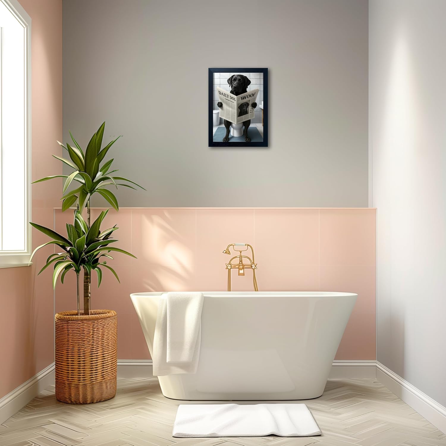 Funny Dog Bathroom Wall Art - Framed Black and White Bathroom Wall Decor, Humorous Dog Picture Wall Decor with Cute Animal Canvas, Modern Farmhouse Style Restroom Sign Art for Toilet & Washroom 11"x14"