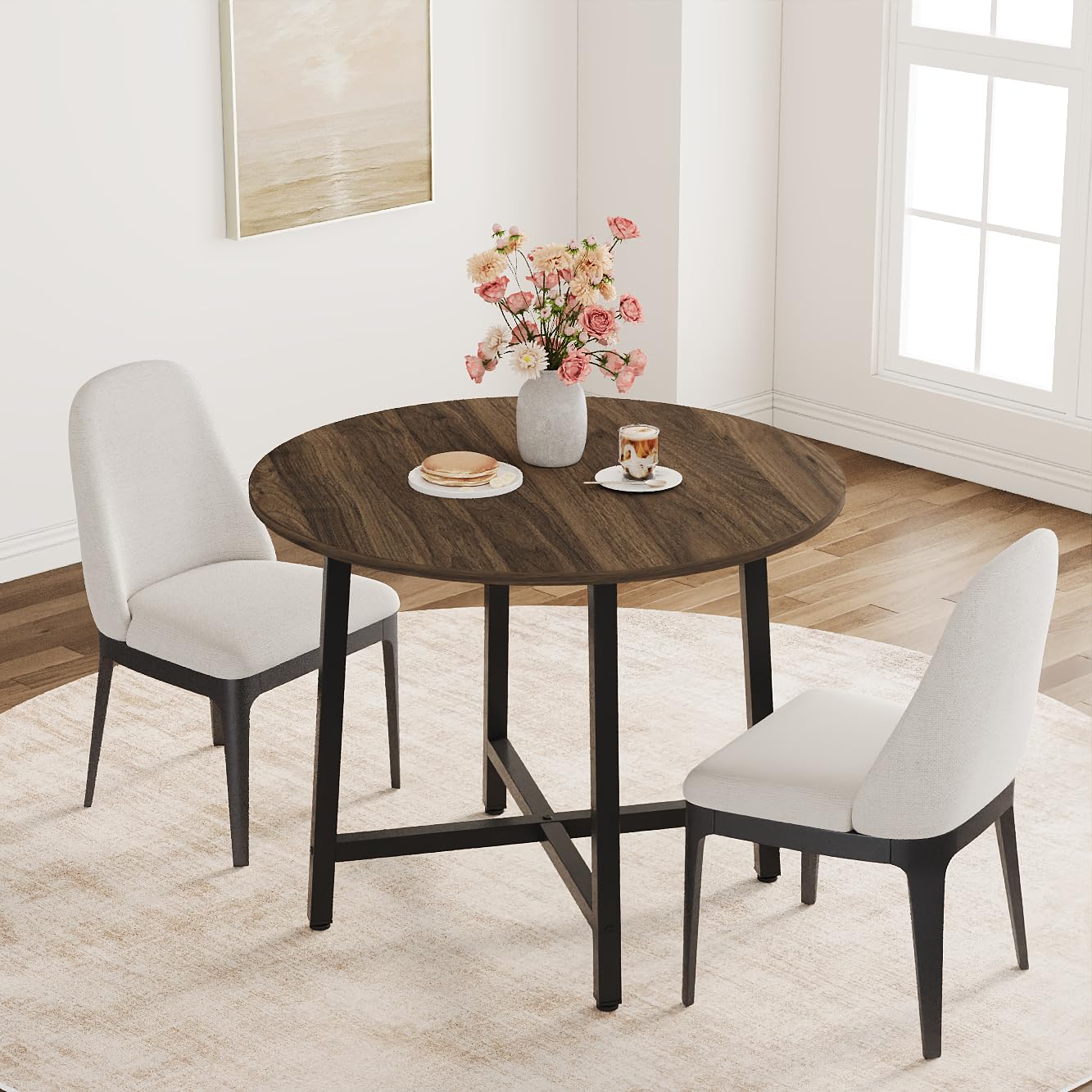 IDEALHOUSE 31.5 Inch Round Dining Table for 2-4, Small Kitchen Dining Room Table for Space Saving, Wood Circle Kitchen Table with Sturdy Metal Frame