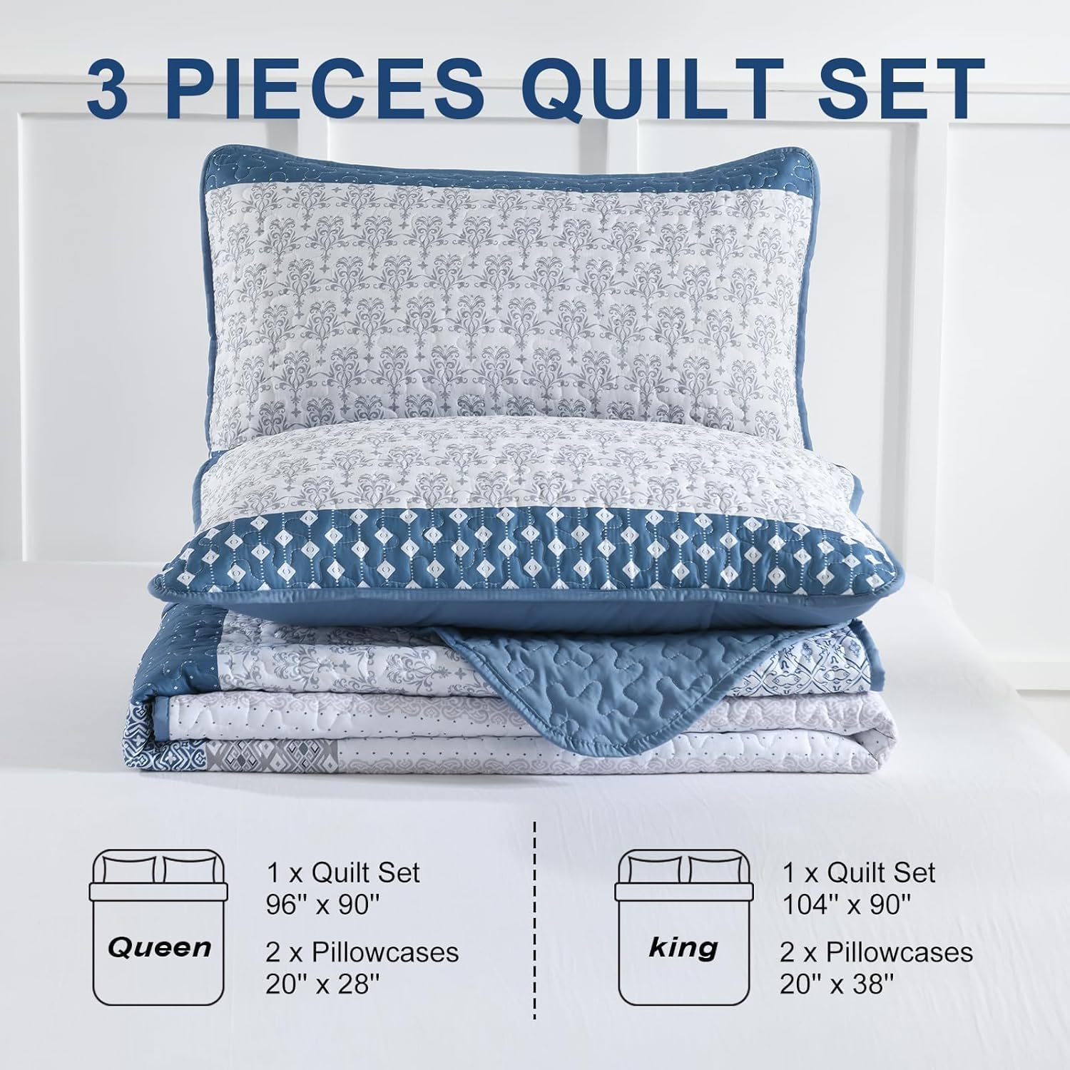WONGS BEDDING Blue Quilt Twin Size, Bohemian Stripe Quilt Sets 2 Pieces Blue Boho Quilted Bedspread Set Lightweight Microfiber Coverlet Bedding Set All Season (68"×86") - Image 8