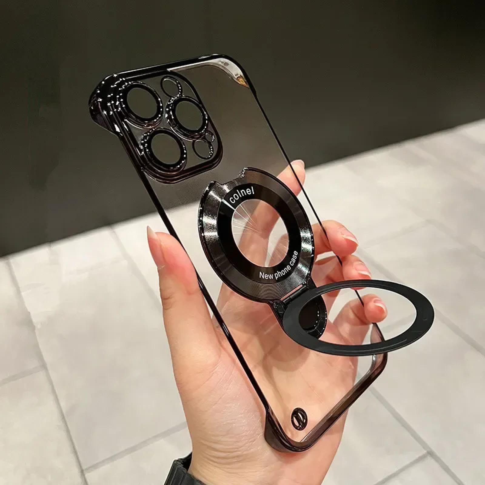 Do iPhone'a 16 Ultra Cienkie Etui Bez Ramki Składany Uchwyt Szkło Ochraniające Aparat Przezroczysty Twardy Pokrowiec (Do iPhone'a 16/Czarny)