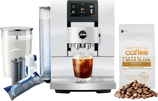 Jura Z10 32 Specialties Automatic Coffee Machine Diamond White Bundle with Glass Milk Container, 6 Bean Blend Espresso Roast, Milk System Cleaner Mini-Tabs and 2 Smart+ Filter Cartridges 6 Items