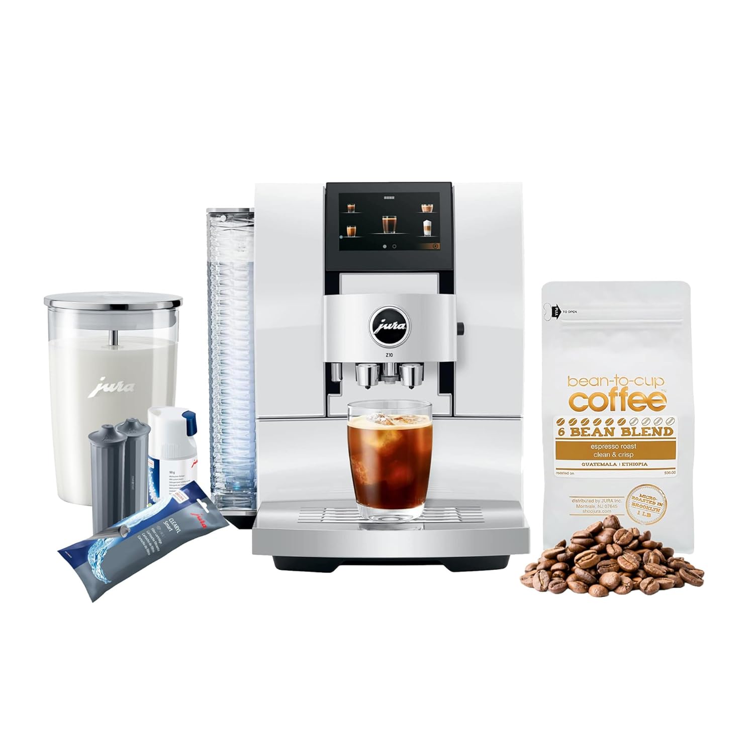 Jura Z10 32 Specialties Automatic Coffee Machine Diamond White Bundle with Glass Milk Container 6 Bean Blend Espresso