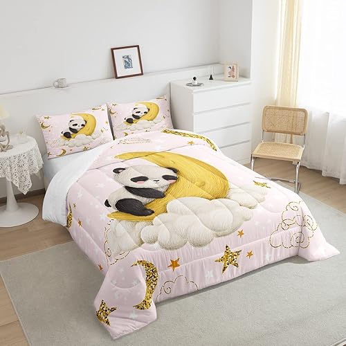 Miniatura 3 de Feelyou Juego de edredón de panda de dibujos animados lindo, juego de ropa de cama con estampado de panda para dormir, luna y estrella, juego de