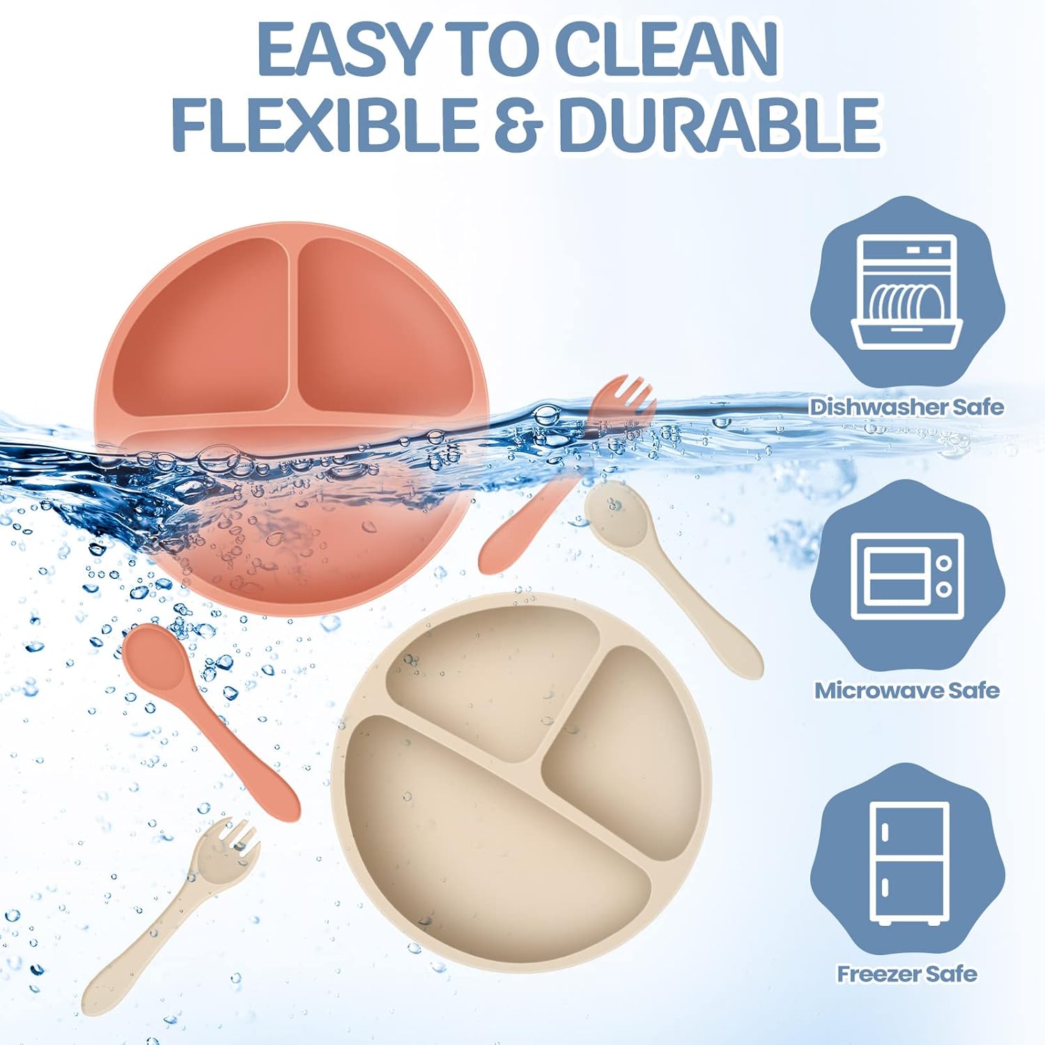 6 Pack Suction Plates for Baby with Spoon Fork Divided Toddler Plate with Suction Silicone Baby Self Feeding Set for Boys Girls (Dark Gray, Army, Dark Blue, Orange, Khaki, Pink) - Image 5