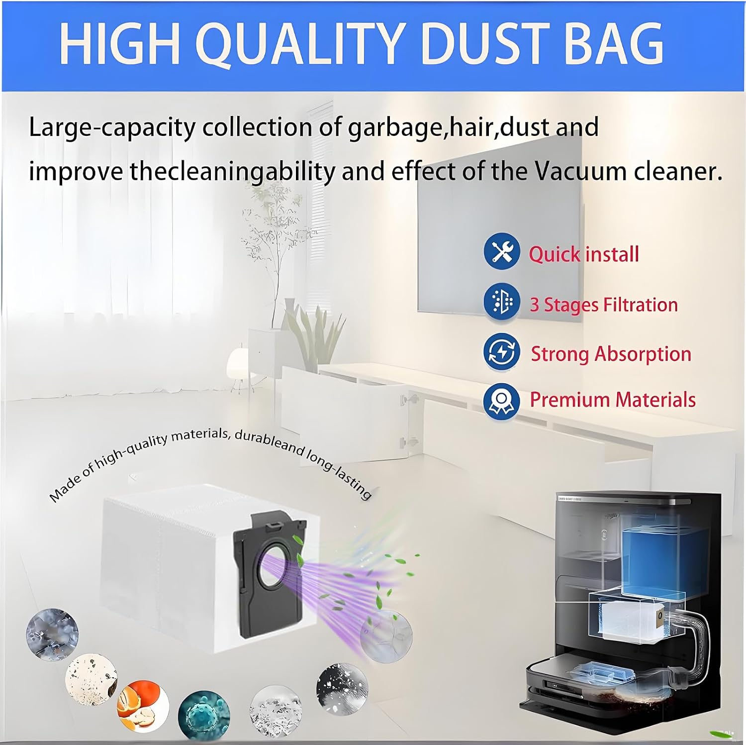 Replacement Dust Bags Compatible With Dreame D10 Plus Gen 2 Robot Vacuum Cleaner RLD32GD, Spare Accessories Parts