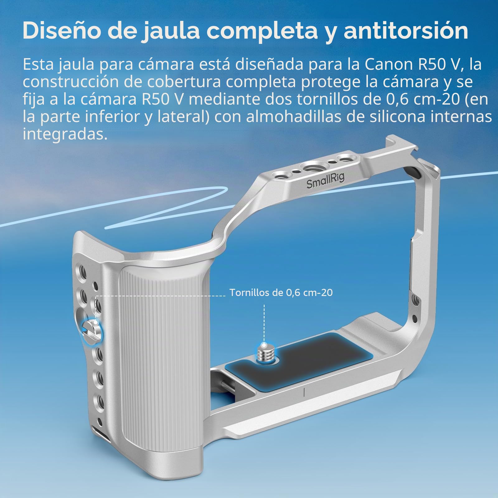SMALLRIG Jaula para Cámara Canon R50V - Empuñadura Ergonómica de Silicona, Placa QR Arca, Roscas 1/4"-20 y 3/8"-16 (ARRI), Zapata Fría, QD y Disparo Vertical (Plateado) - 5428