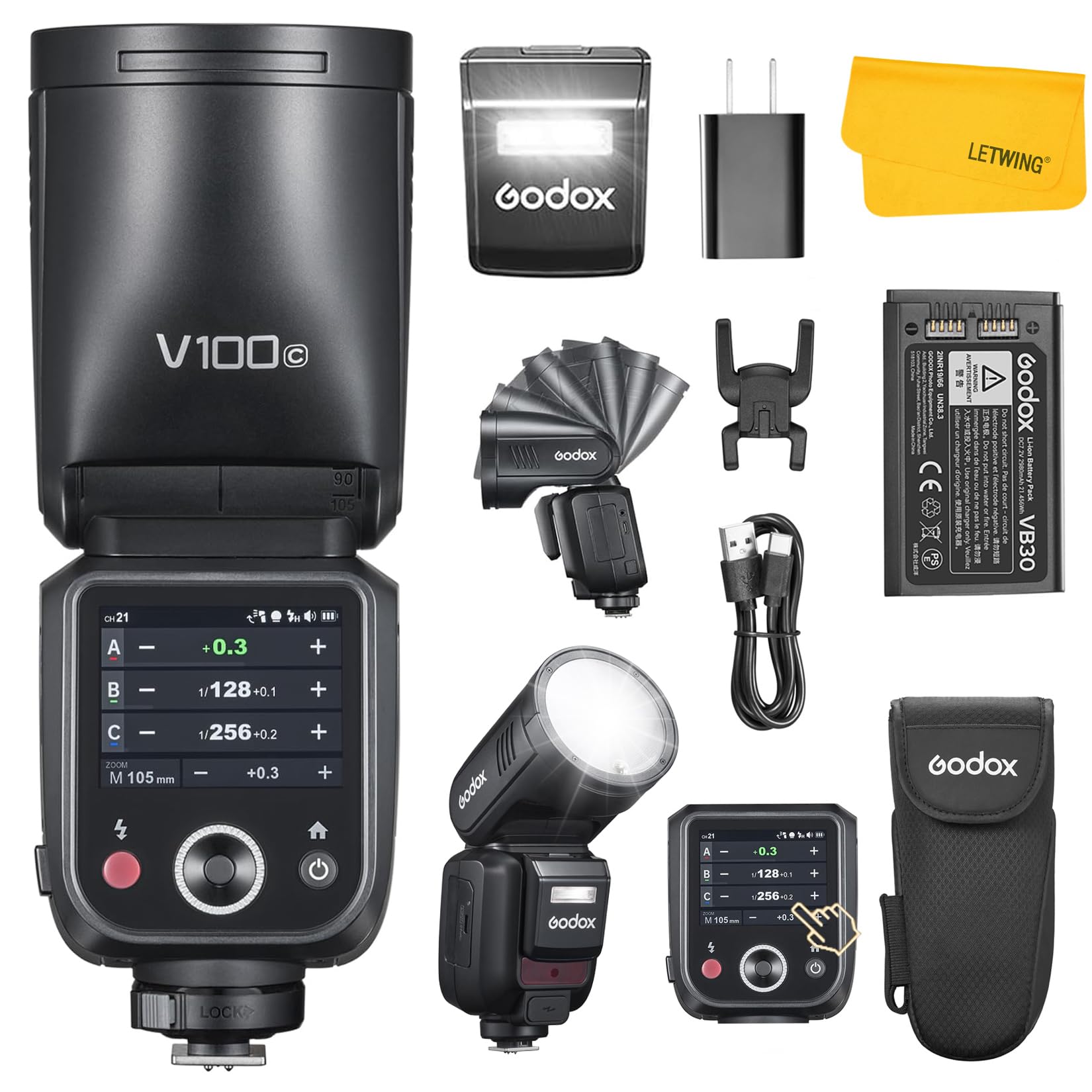 GODOX V100C V100 C Flash Testa Rotonda Compatibile con Canon, Speedlite Strobo Luce Flash TTL Wireless 2.4G con 2980mAh batteria Schermo Tattile Sub-flash Staccabile, Supporto Tipo C