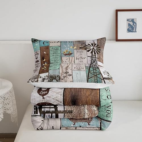 Miniatura 5 de Juego de edredón de molino de viento de granja, juego de edredón rústico de cabaña, juego de ropa de cama vintage de madera con puerta de granero,