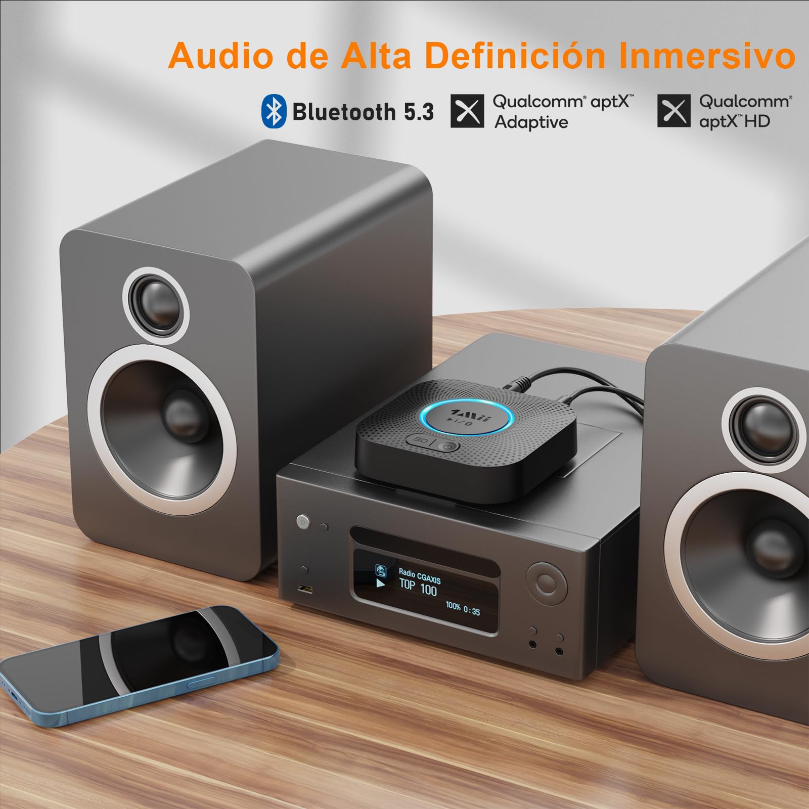 1Mii Receptor Bluetooth 5.3 HiFi, Adaptador Audio Inalámbrico, Salida RCA/AUX 3,5 mm Jack, 3D Surround Música para Estéreo Hogar, Amplificador, Largo Alcance 50m