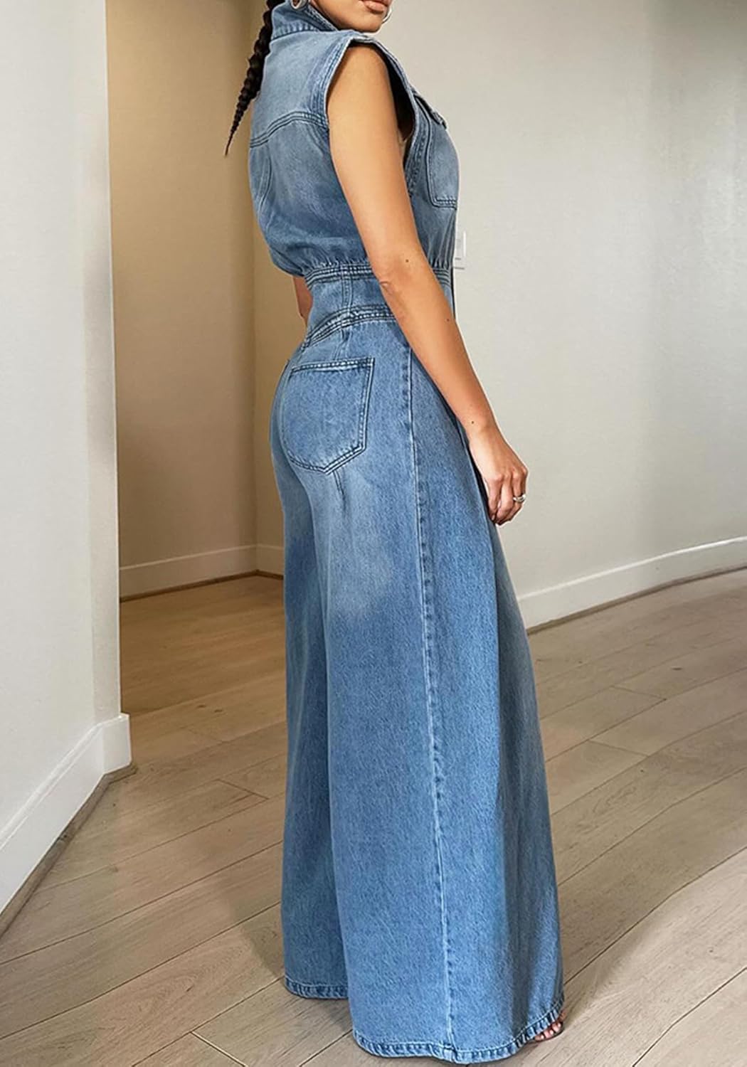 Tbahhir Women's Denim Jumsuits Sleeveless High Waisted Wide Leg Jean Rompers Pockets Overalls Jumpers