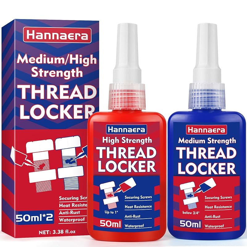 Kit de Trava-Roscas Azul e Vermelho Hannaera, Resistência Média e Alta para Porcas, Parafusos e Fixadores Metálicos, 2 frascos de 50 mL
