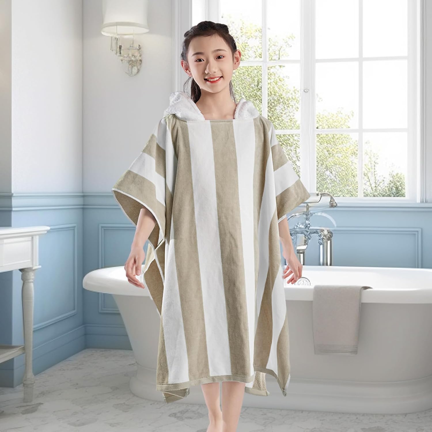 VOOVA & MOVAS Big Kids Hooded Towel Robe | Large (8-16Years) Thick and Absorbent Cotton Poncho for Pool, Swim, and Bath - Beige and White Cabana
