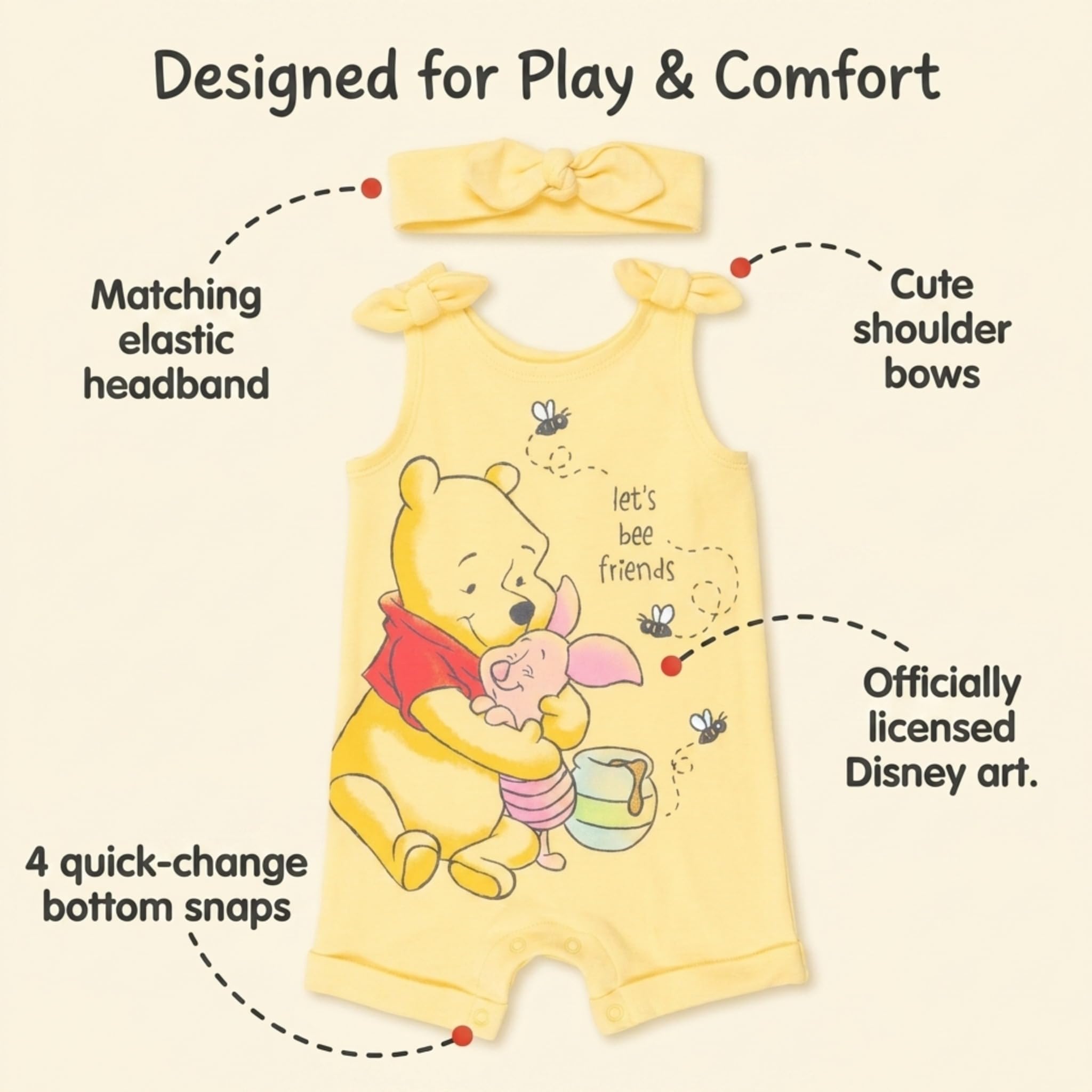 Disney Winnie The Pooh Baby Girls Romper Headband Set Yellow 0-3 Months