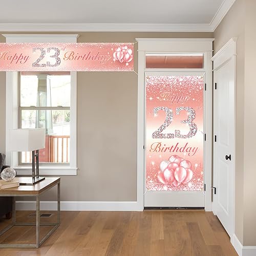 Miniatura 6 de Juego de carteles largos de feliz cumpleaños 23 para puerta, porche, decoración de cumpleaños de 23 años, suministros de fiesta para niñas, oro rosa